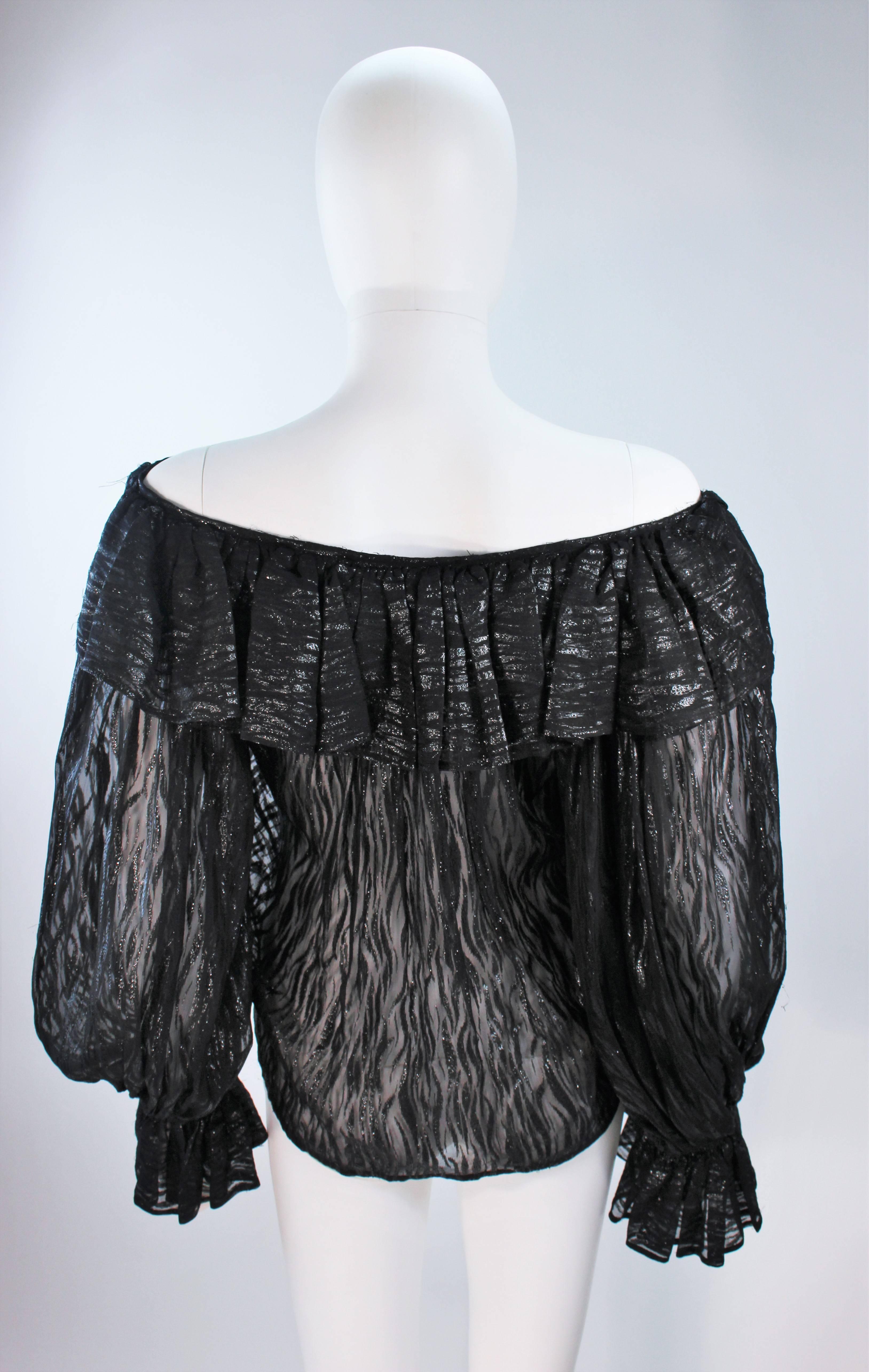 YVES SAINT LAURENT Black Printed Sheer Silk Blouse with Fuzzy Lame Size 4-6 4