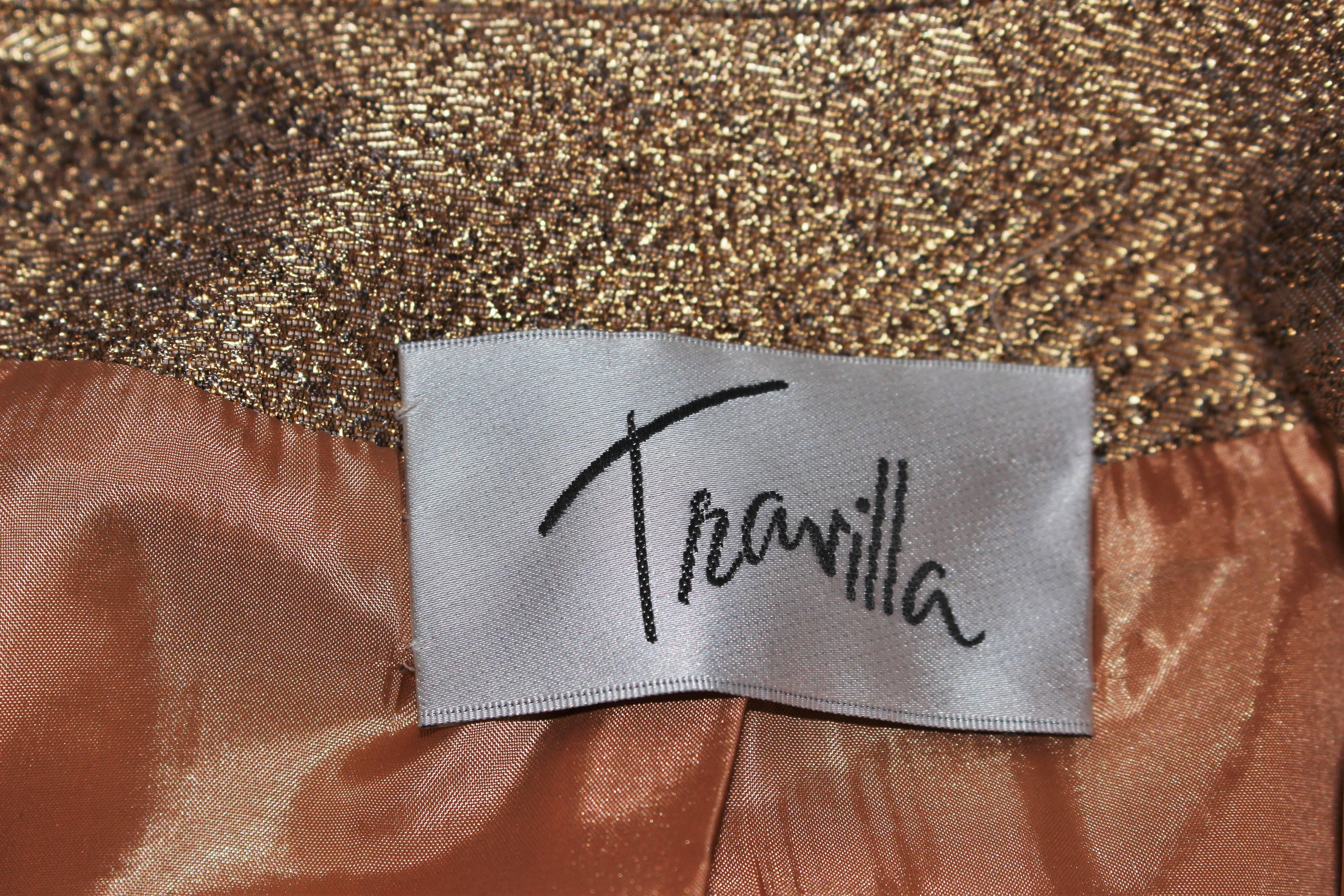 TRAVILLA Gold Metallic Silk Lame Pant Suit Ensemble Size 6 For Sale 2