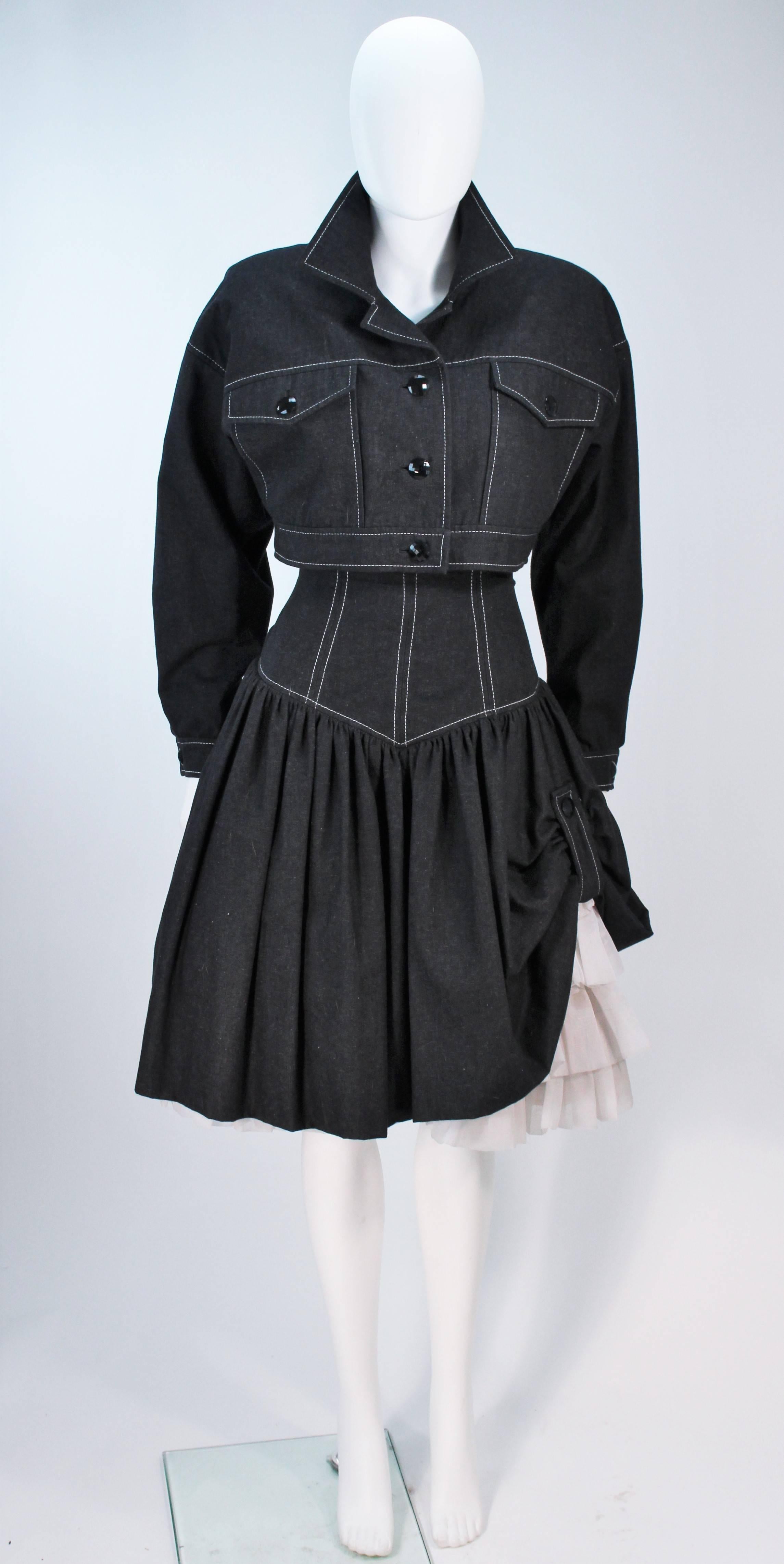 TRAVILLA Black Denim Cocktail Dress with Jacket and White Stitching Size 8 - 10 In Excellent Condition For Sale In Los Angeles, CA