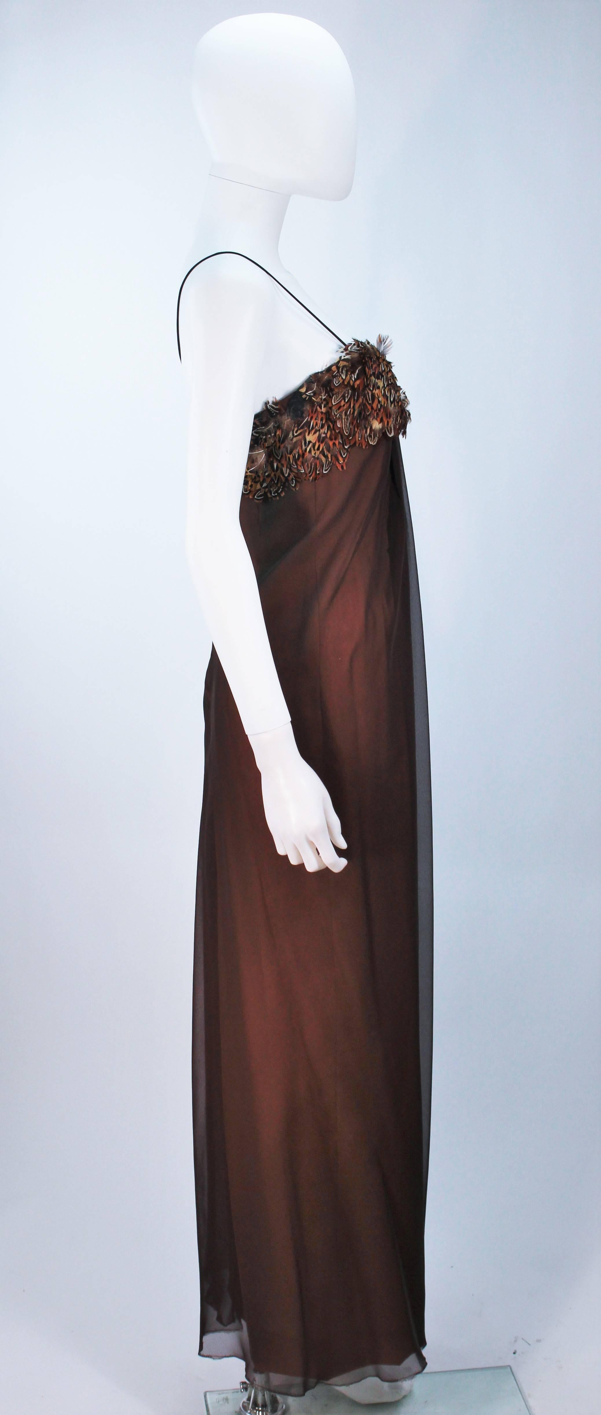 TRAVILLA  Draped Brown Silk Chiffon Gown with Feather Applique Size 8 In Excellent Condition For Sale In Los Angeles, CA