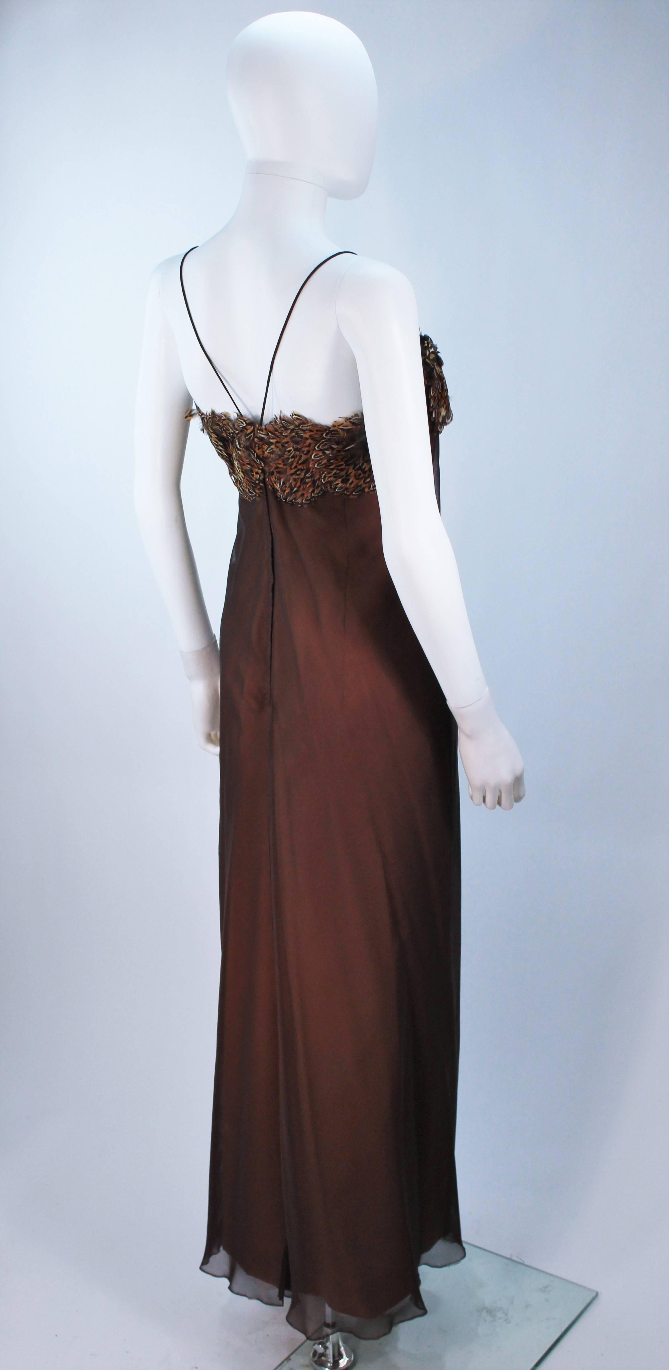 Women's TRAVILLA  Draped Brown Silk Chiffon Gown with Feather Applique Size 8 For Sale