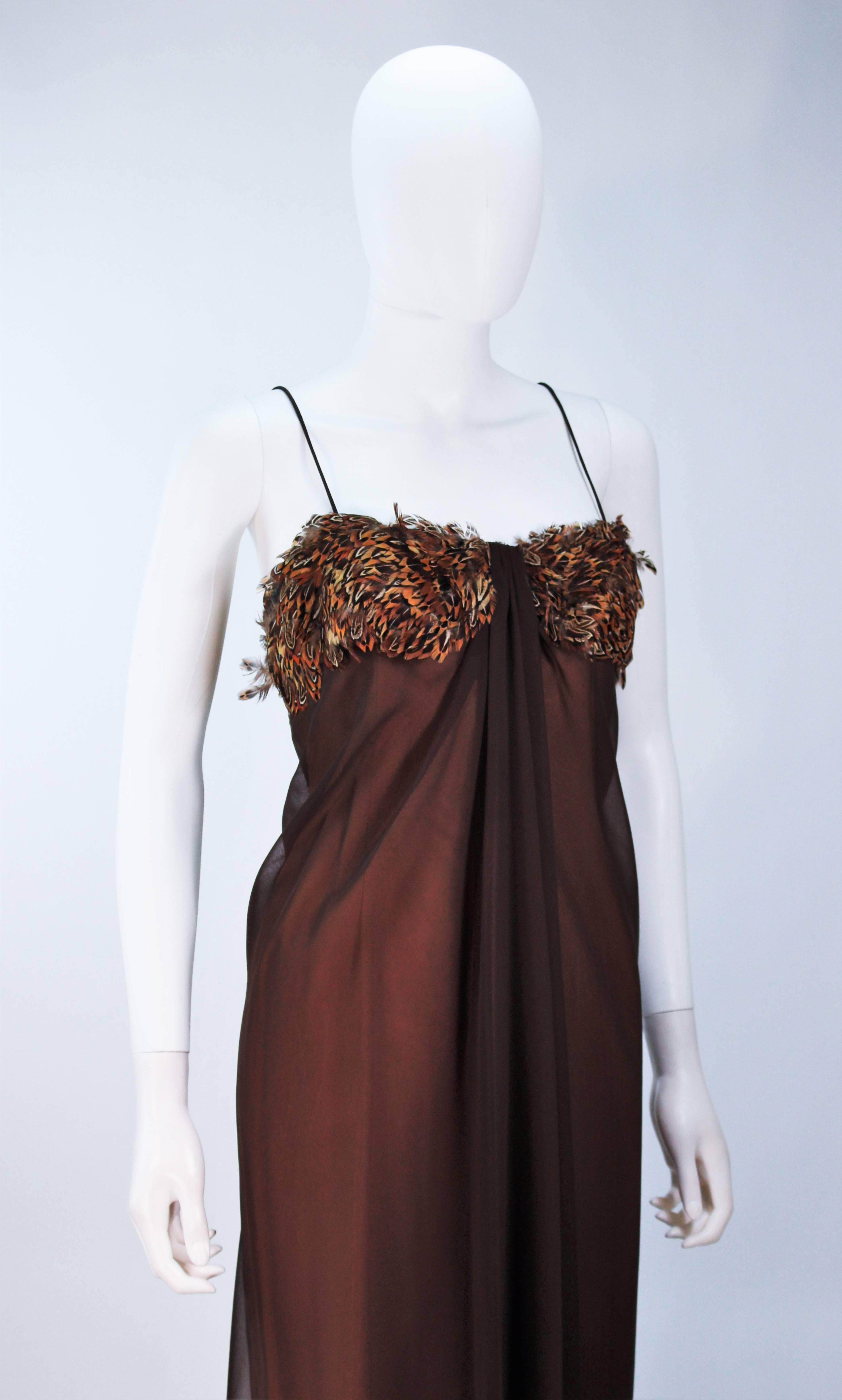 Black TRAVILLA  Draped Brown Silk Chiffon Gown with Feather Applique Size 8 For Sale