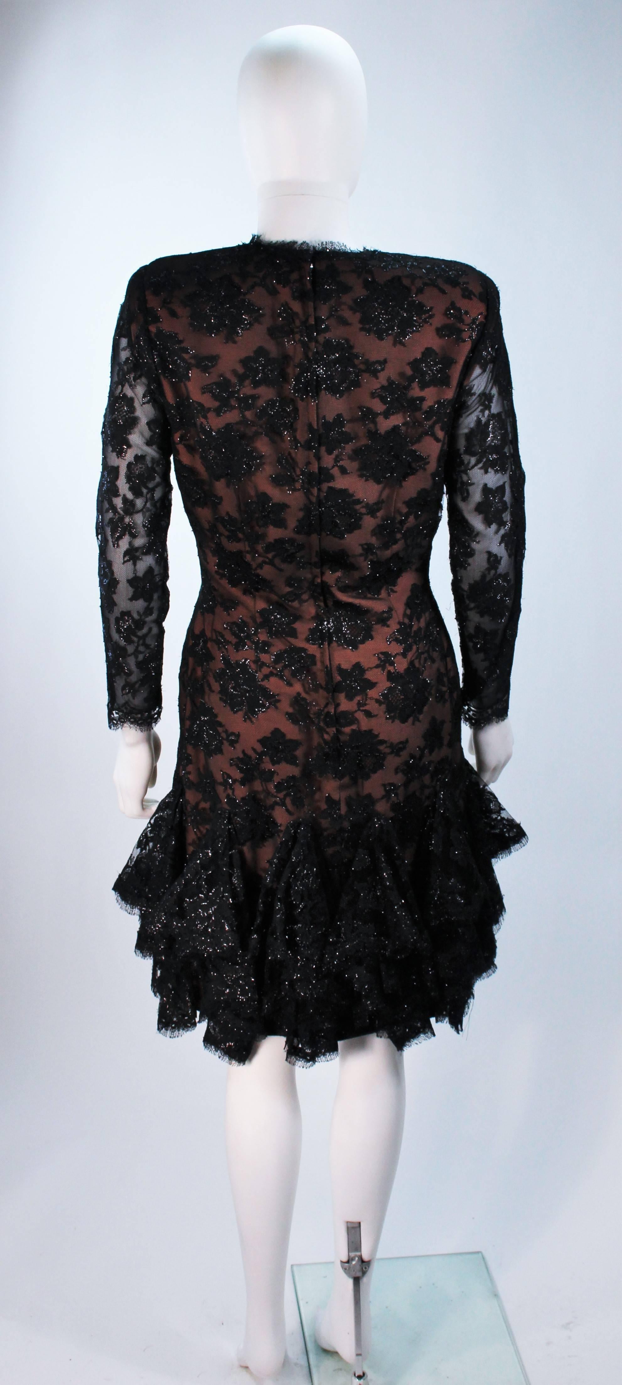 TRAVILLA Black on Black Lace Lame Cocktail Dress with Ruffle Hem Size 8 For Sale 5