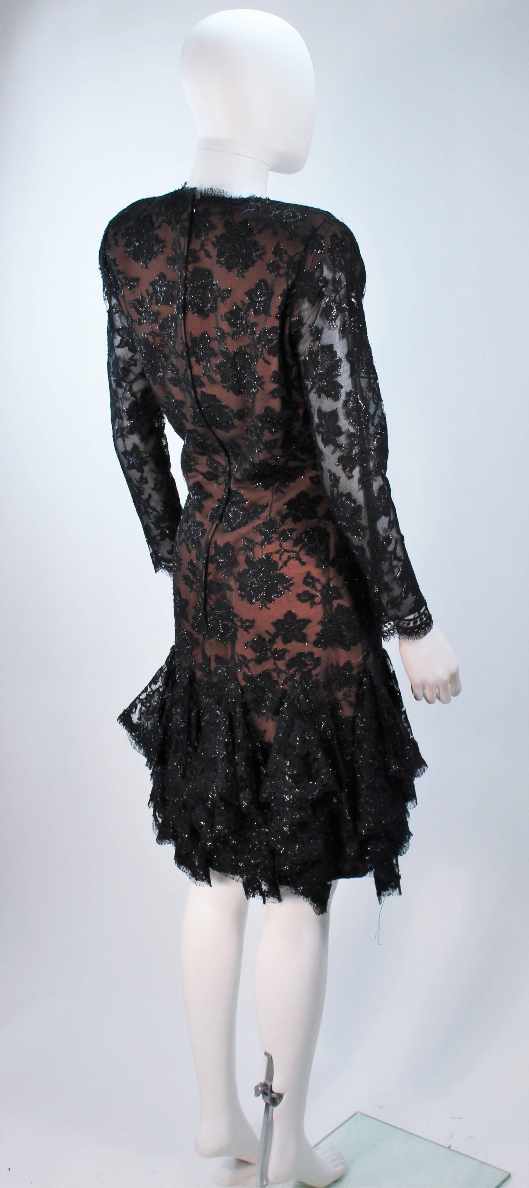 TRAVILLA Black on Black Lace Lame Cocktail Dress with Ruffle Hem Size 8 For Sale 4