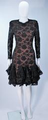 TRAVILLA Black on Black Lace Lame Cocktail Dress with Ruffle Hem Size 8