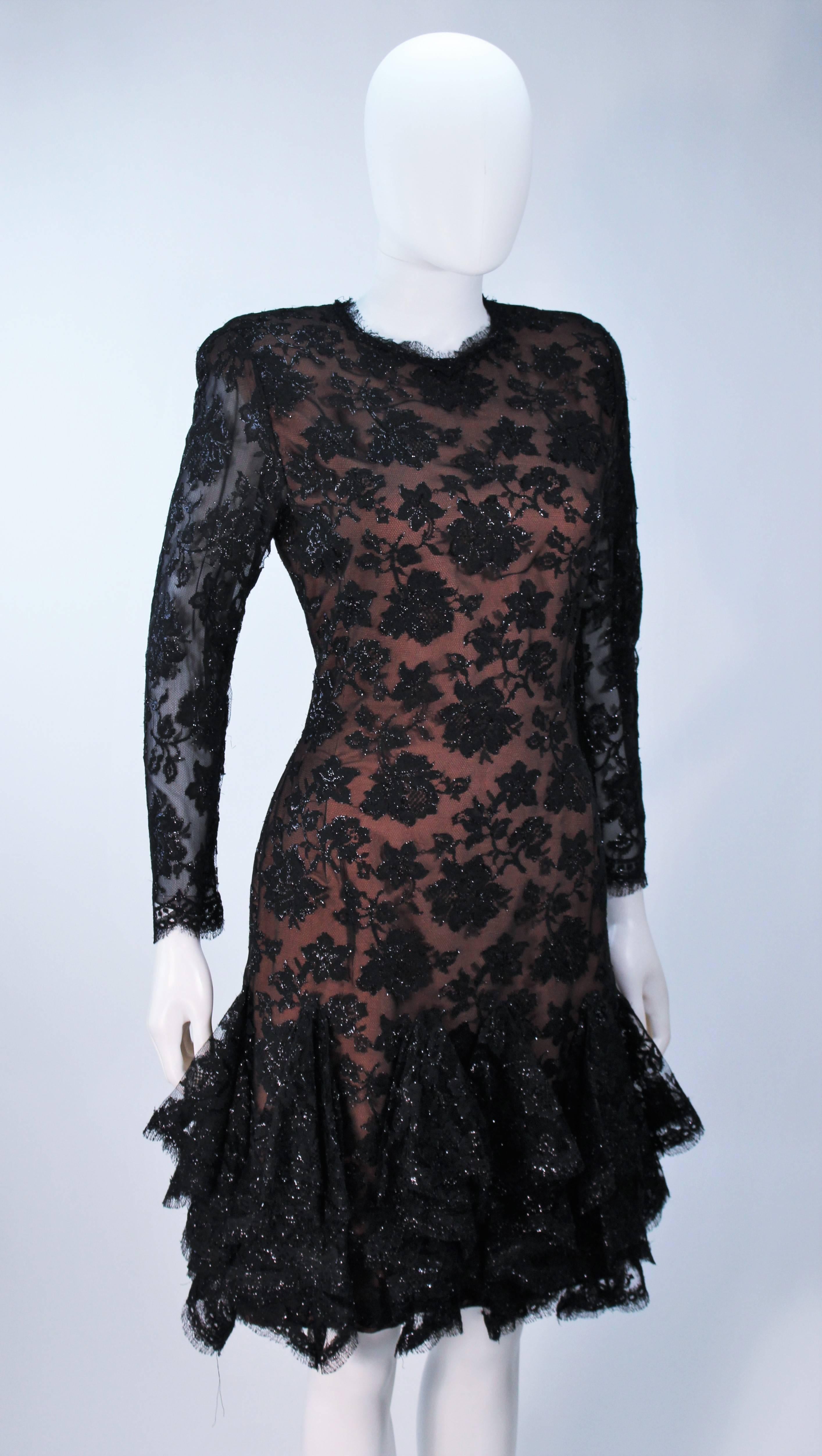 TRAVILLA Black on Black Lace Lame Cocktail Dress with Ruffle Hem Size 8 For Sale 2