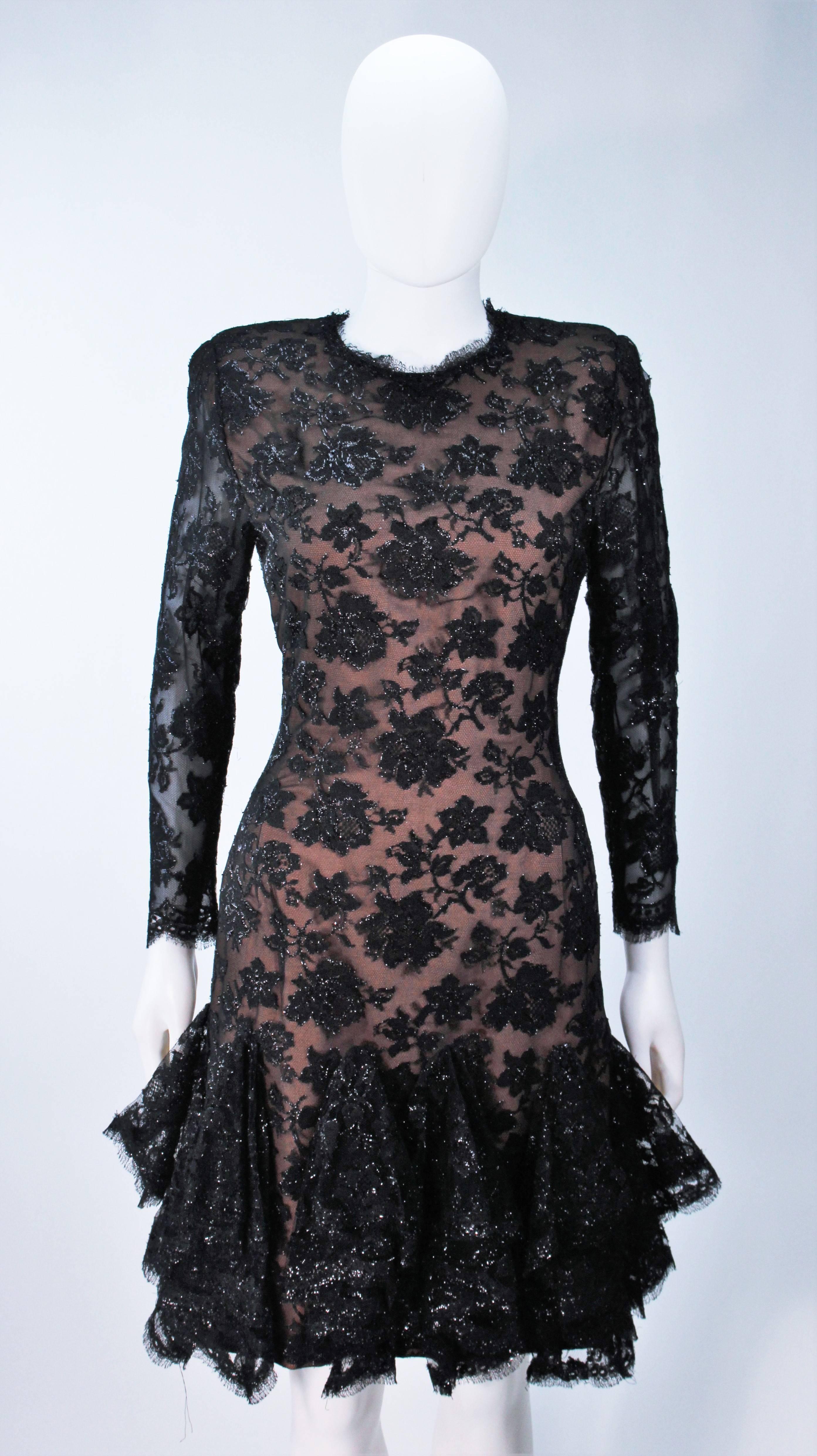 TRAVILLA Black on Black Lace Lame Cocktail Dress with Ruffle Hem Size 8 In Excellent Condition For Sale In Los Angeles, CA