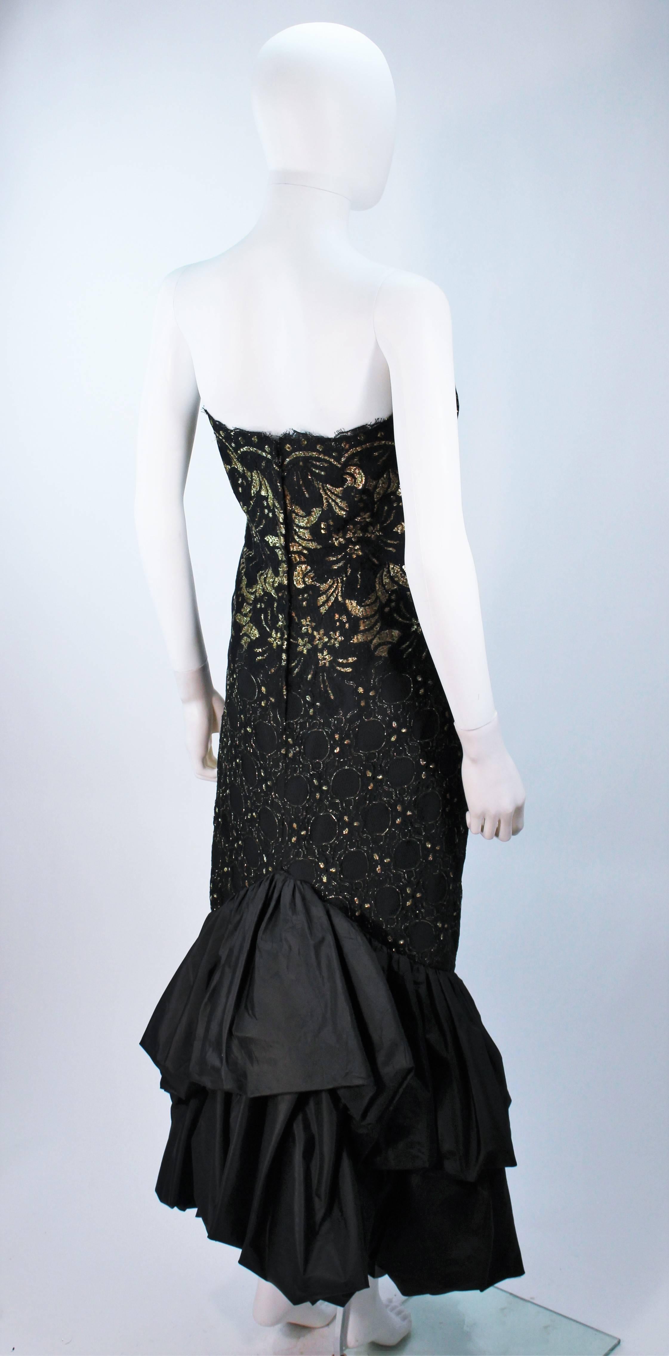 TRAVILLA Black and Gold Lace Gown with Puffed Hem and Scallop Edge Size 6 For Sale 1