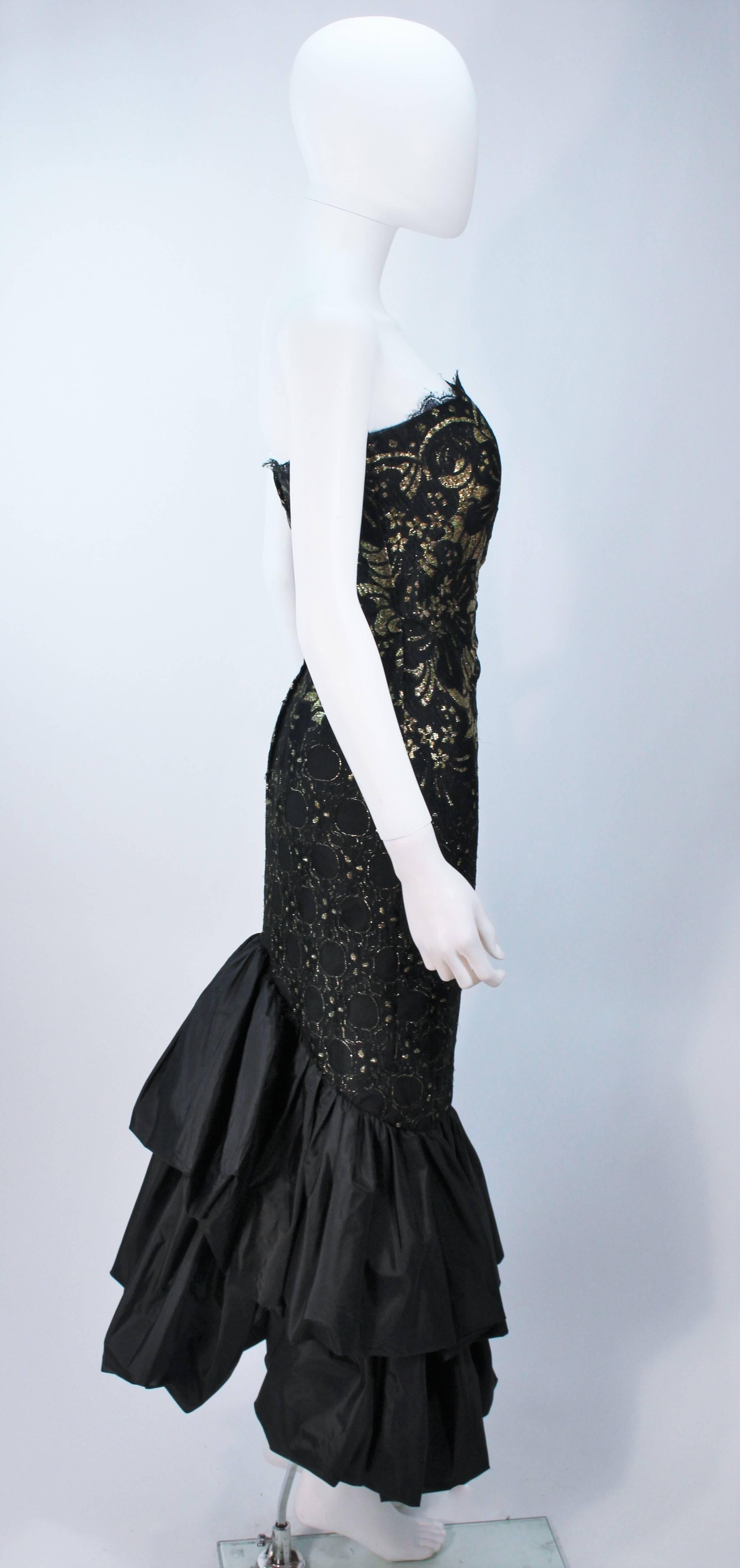 Women's TRAVILLA Black and Gold Lace Gown with Puffed Hem and Scallop Edge Size 6 For Sale