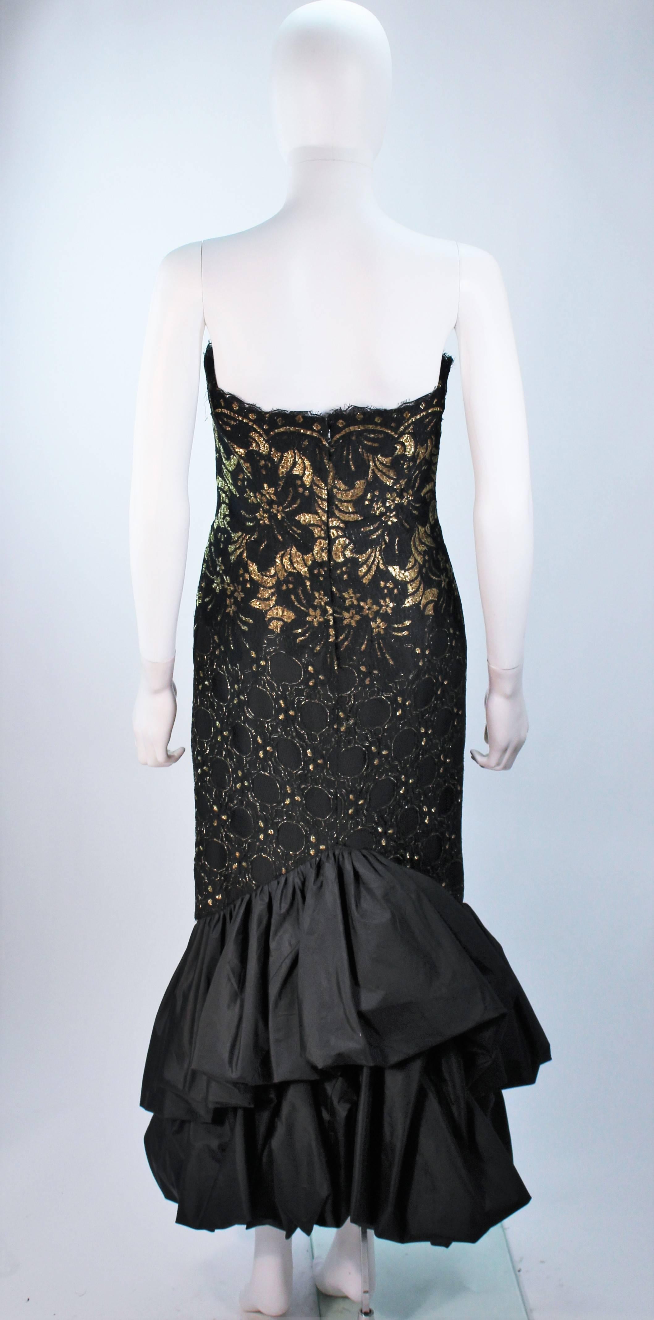 TRAVILLA Black and Gold Lace Gown with Puffed Hem and Scallop Edge Size 6 For Sale 2