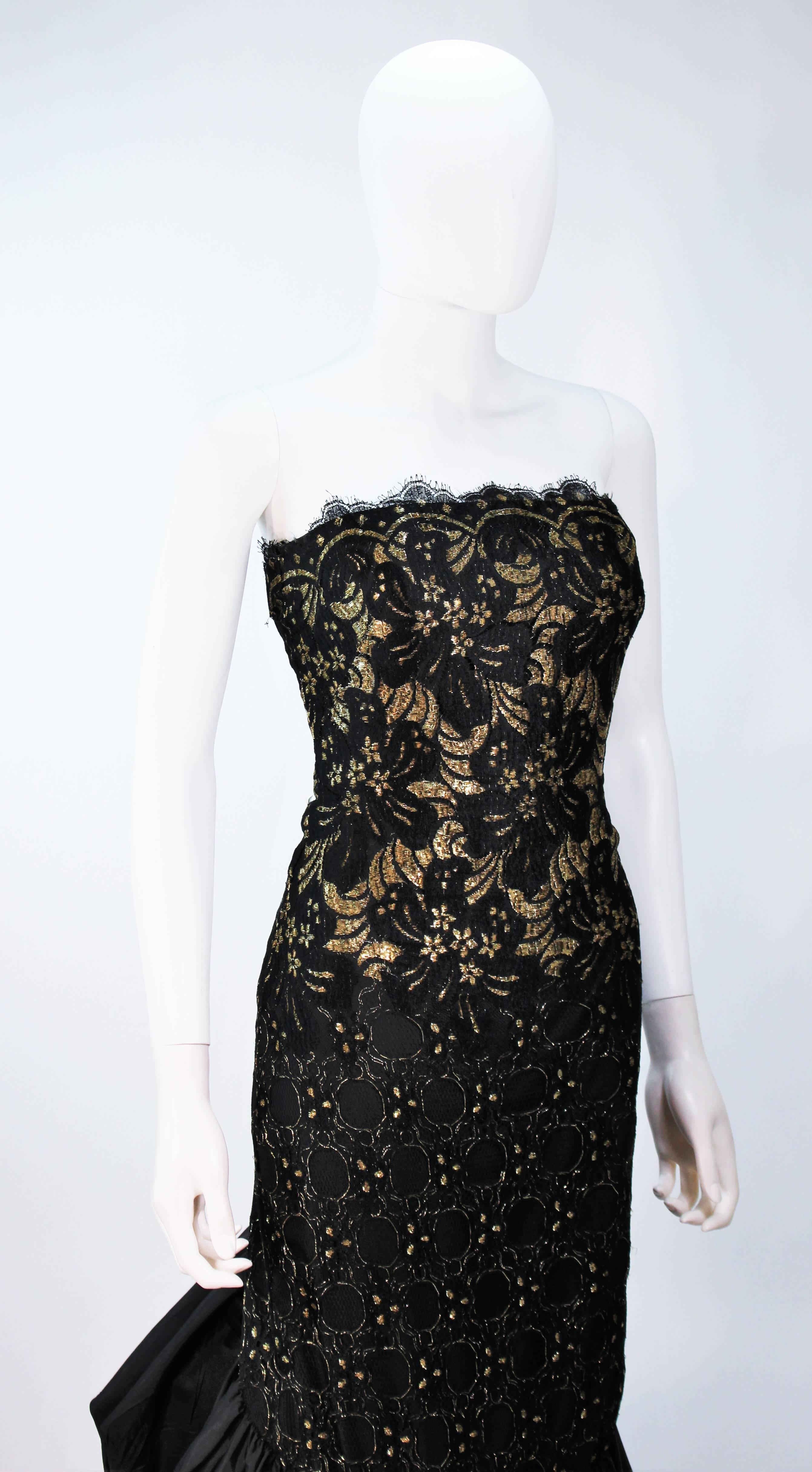 TRAVILLA Black and Gold Lace Gown with Puffed Hem and Scallop Edge Size 6 In Excellent Condition For Sale In Los Angeles, CA