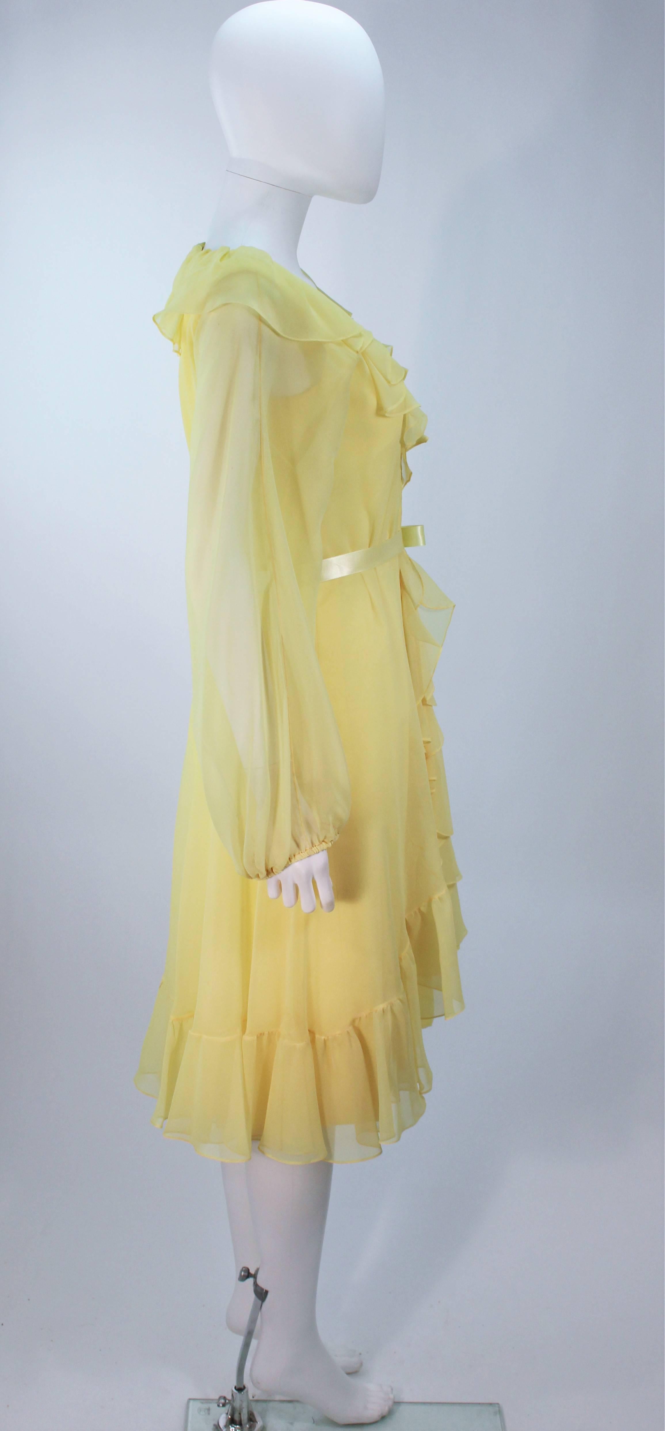 Beige TRAVILLA Yellow Ruffled Chiffon Dress with Billow Sleeves Size 8 For Sale
