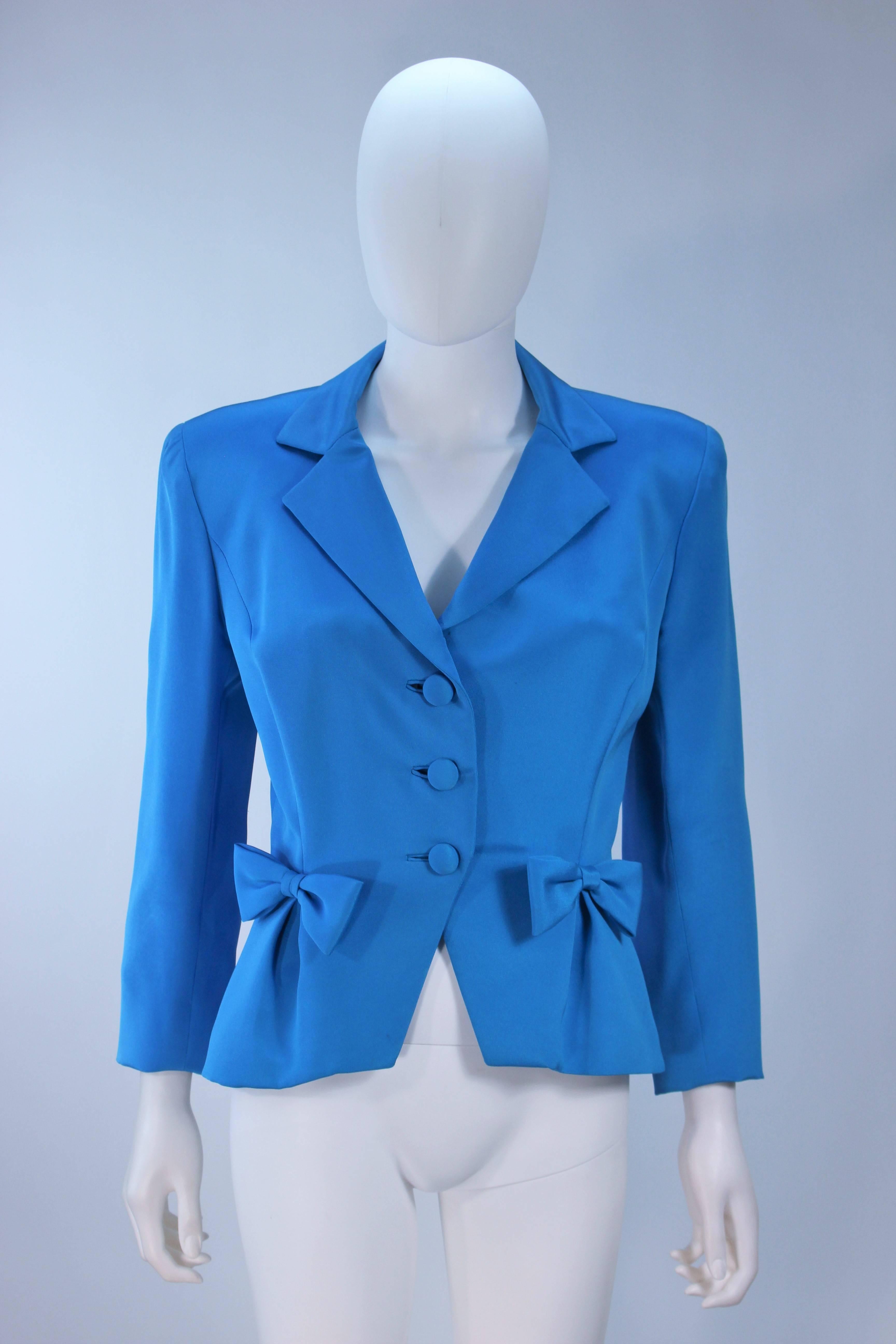TRAVILLA Blue Silk Skirt Suit with Bows Size 6 For Sale 4