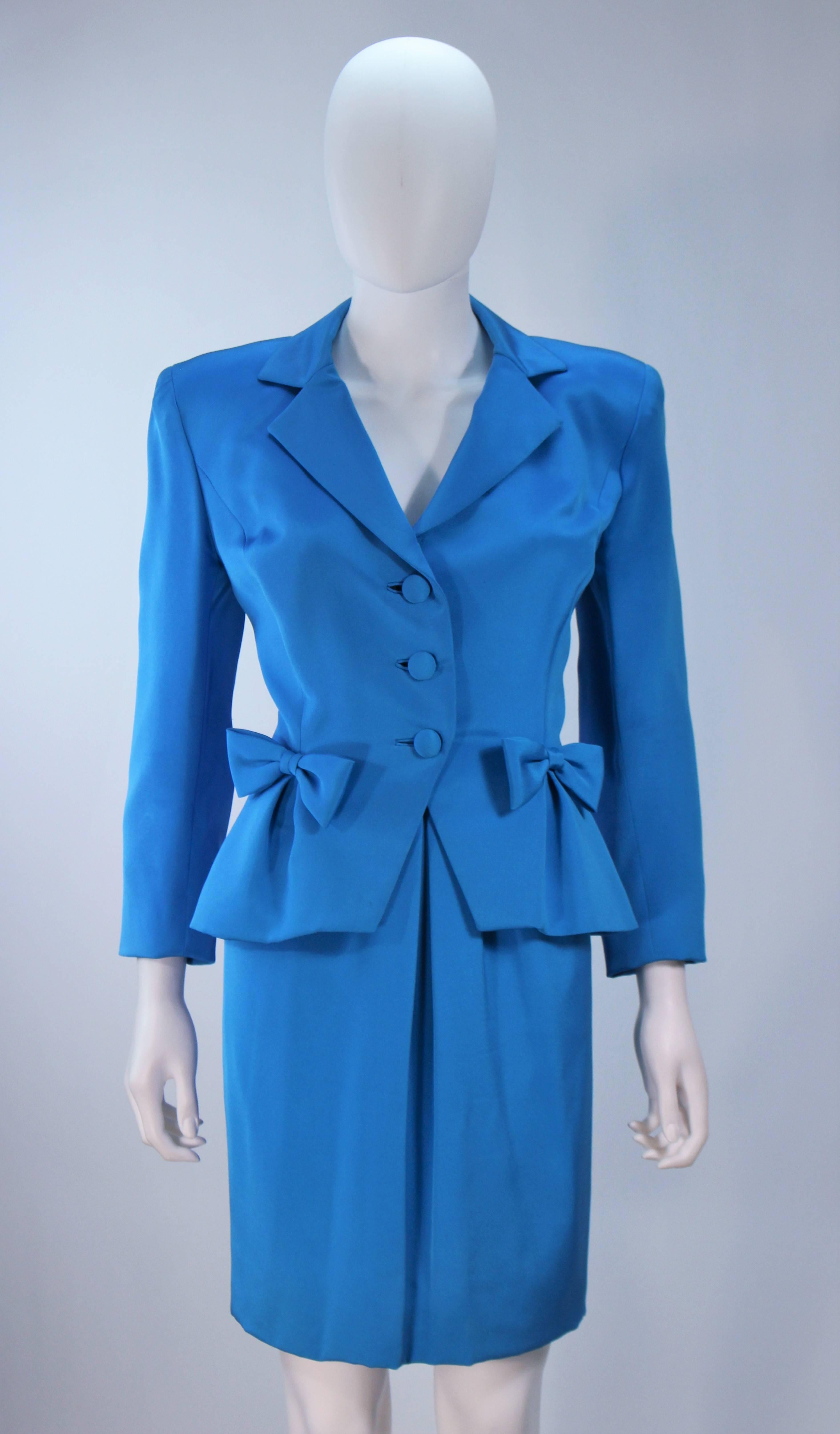 TRAVILLA Blue Silk Skirt Suit with Bows Size 6 In Excellent Condition For Sale In Los Angeles, CA