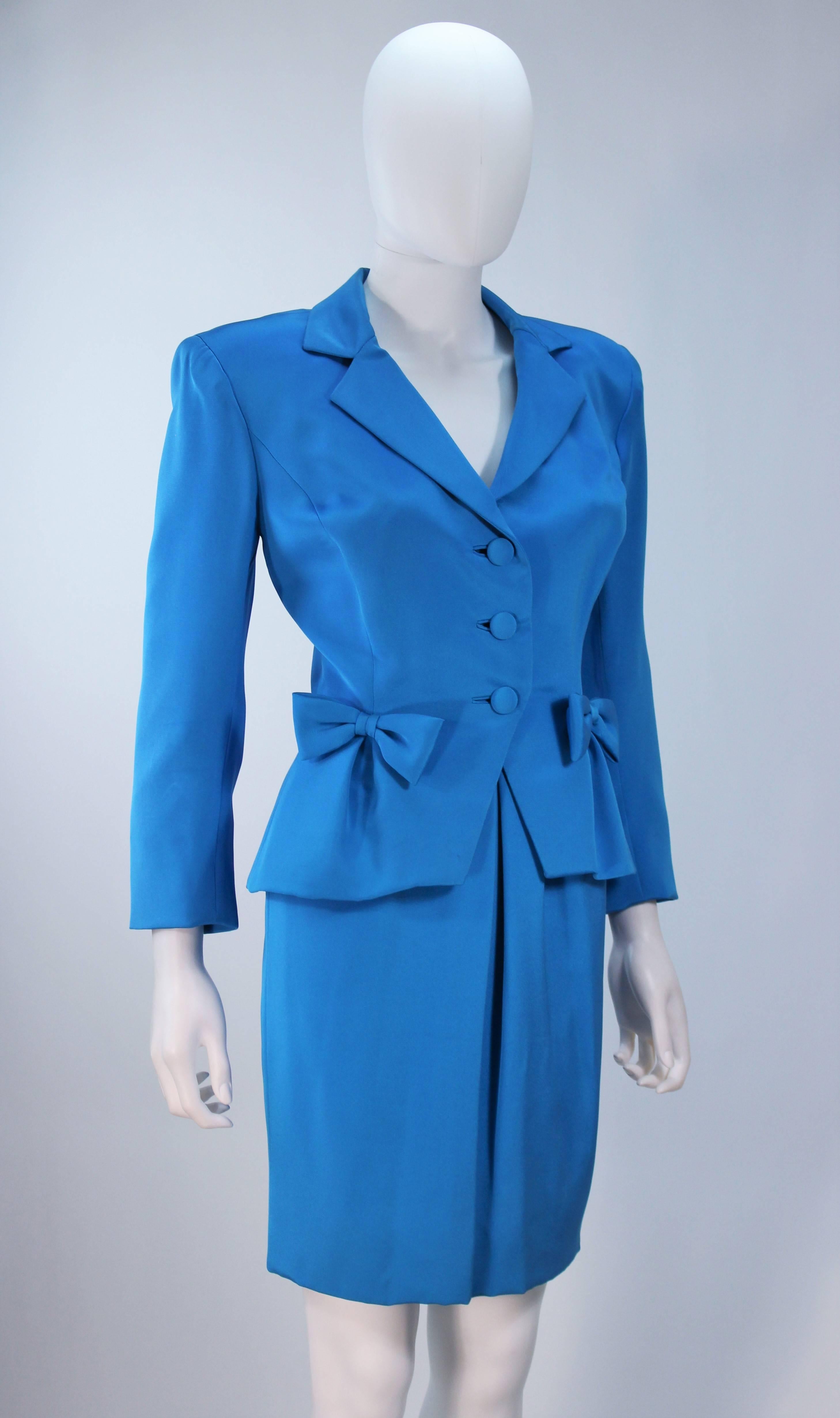 TRAVILLA Blue Silk Skirt Suit with Bows Size 6 For Sale 1