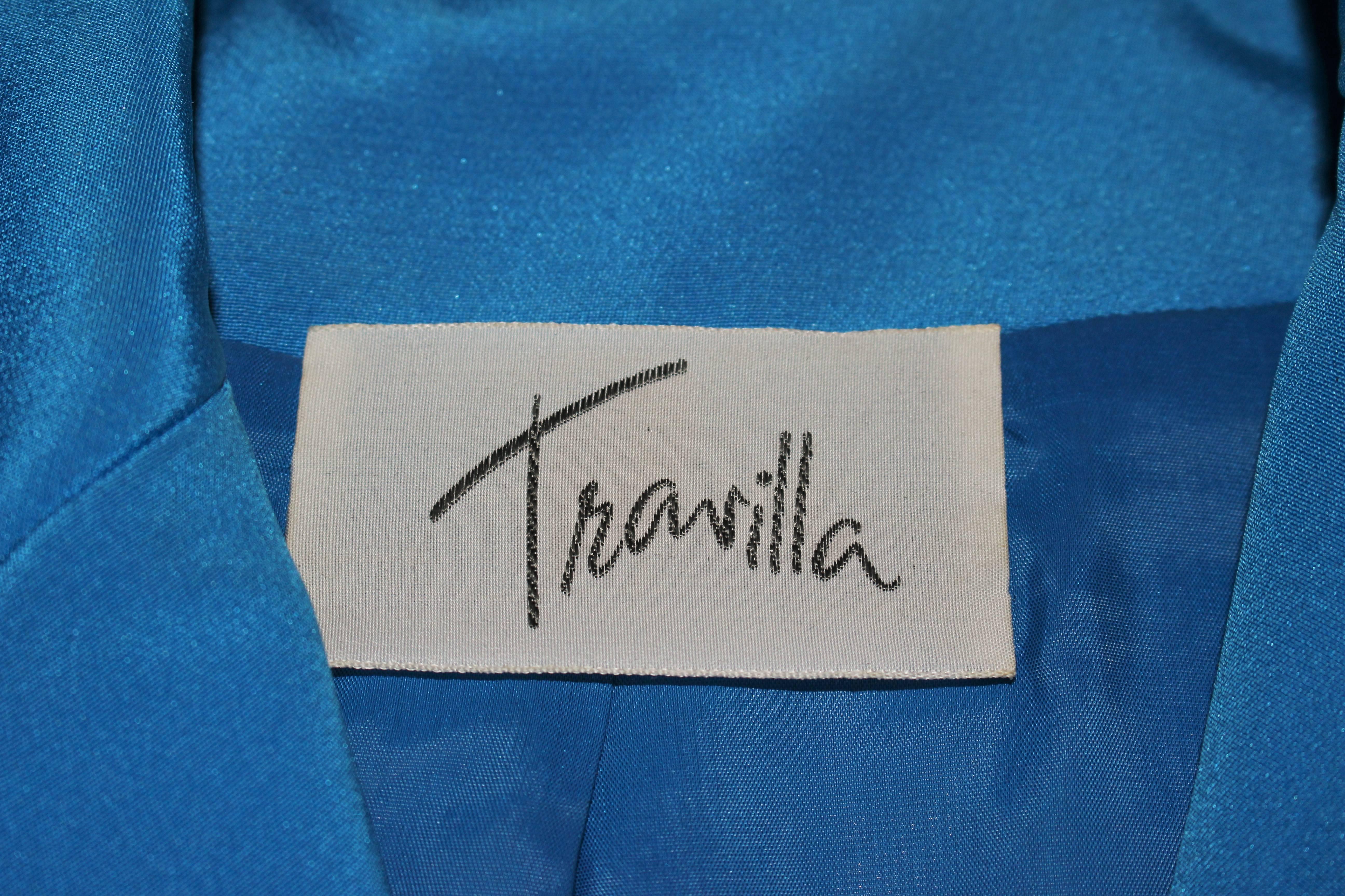 TRAVILLA Blue Silk Skirt Suit with Bows Size 6 For Sale 6