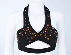VINTAGE Custom Peek-a-boo  Rhinestone Black Wool Halter Top Size 2-4