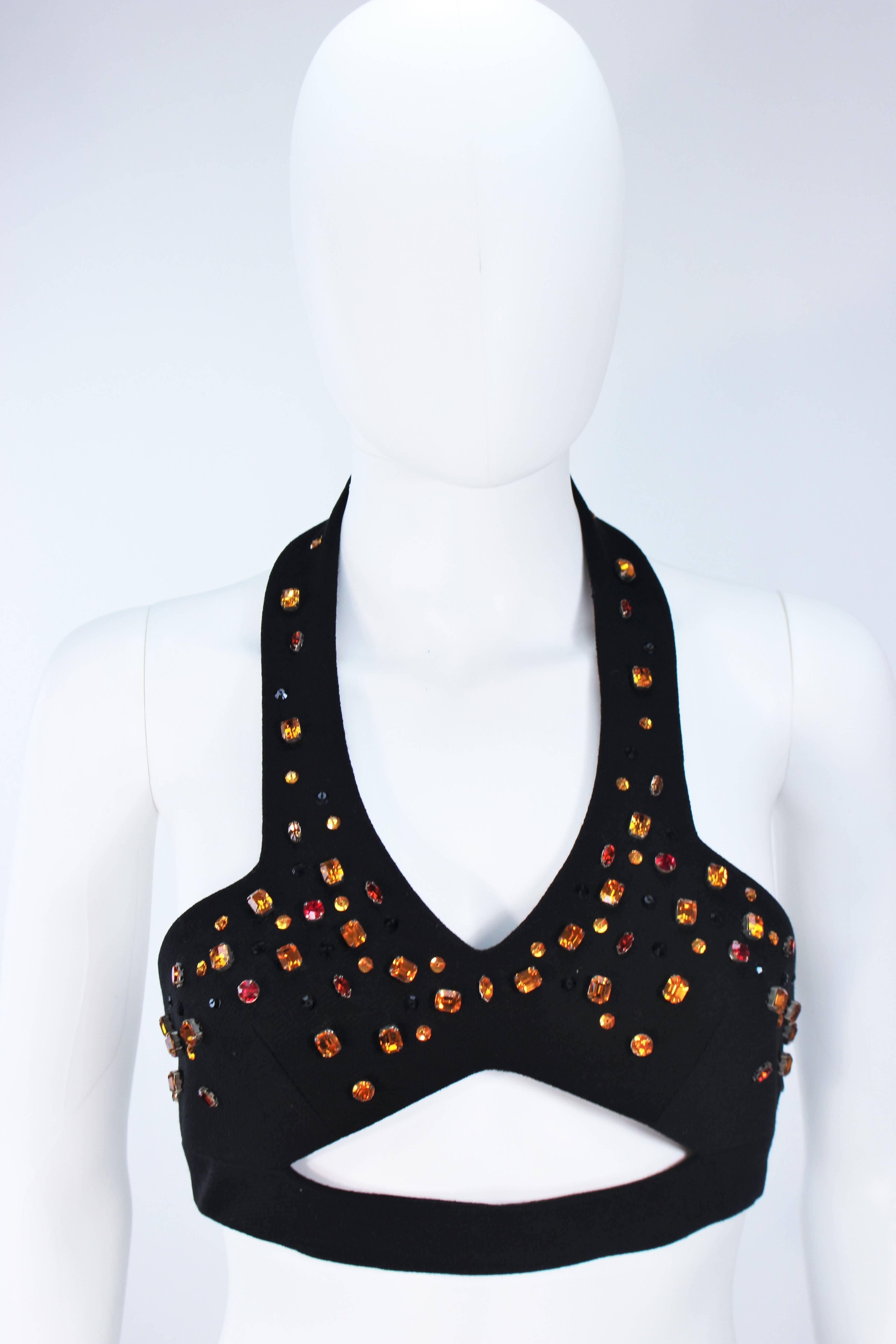 VINTAGE Custom Peek-a-boo  Rhinestone Black Wool Halter Top Size 2-4 In Excellent Condition In Los Angeles, CA