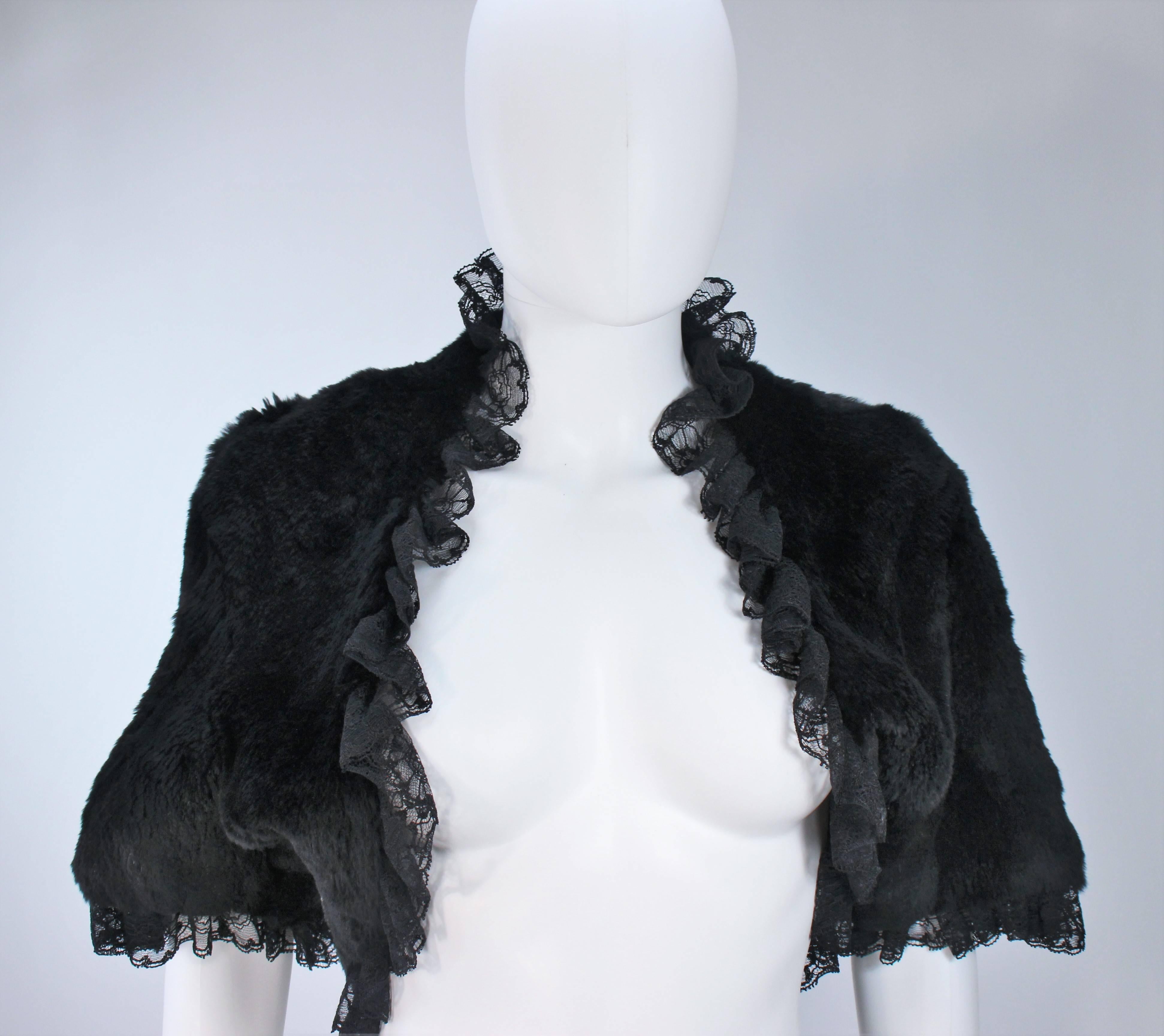 ADRIENNE LANDAU Black Rabbit Fur Bolero with Lace Trim Size 4-6 In Excellent Condition In Los Angeles, CA