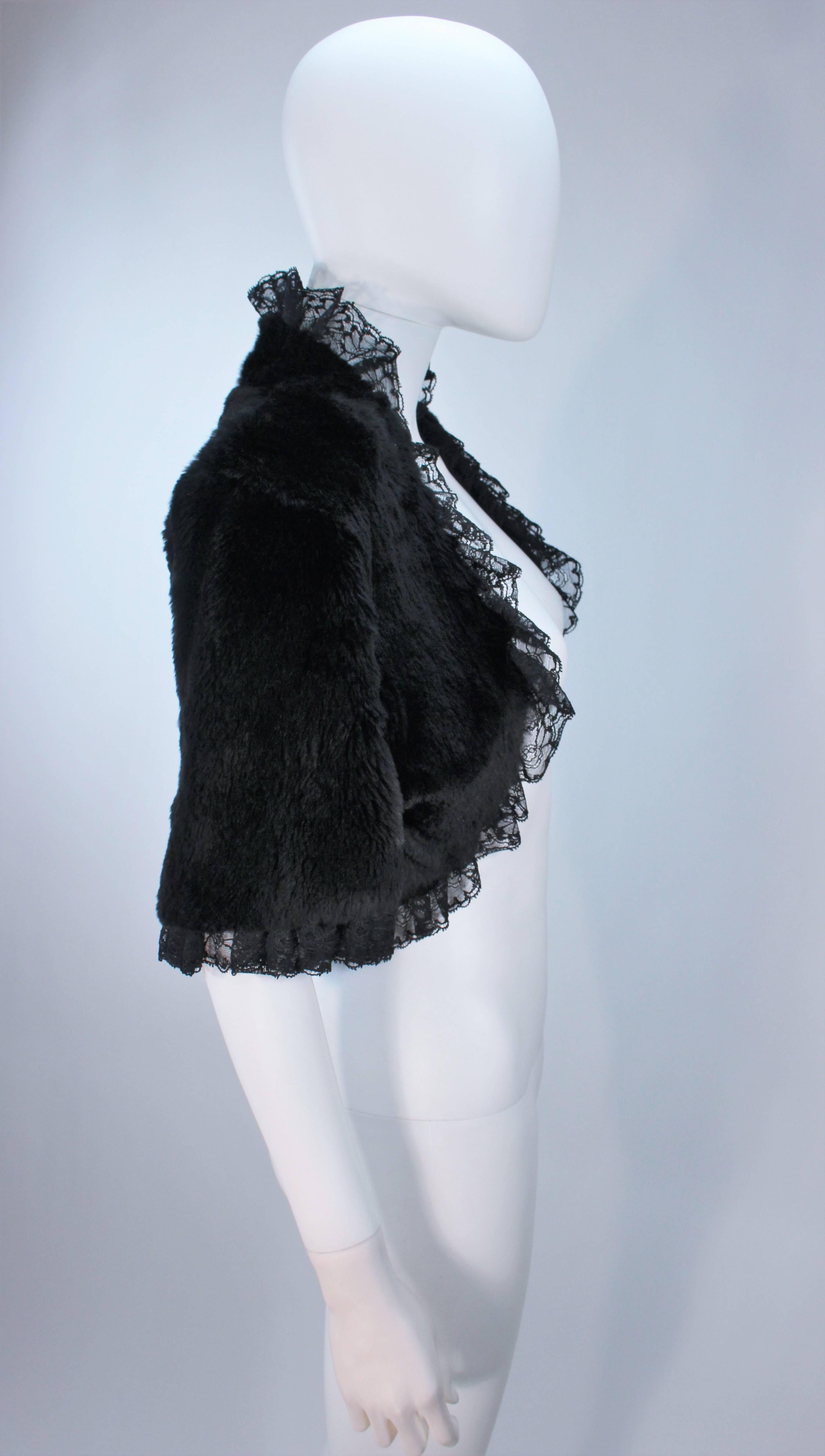 ADRIENNE LANDAU Black Rabbit Fur Bolero with Lace Trim Size 4-6 2