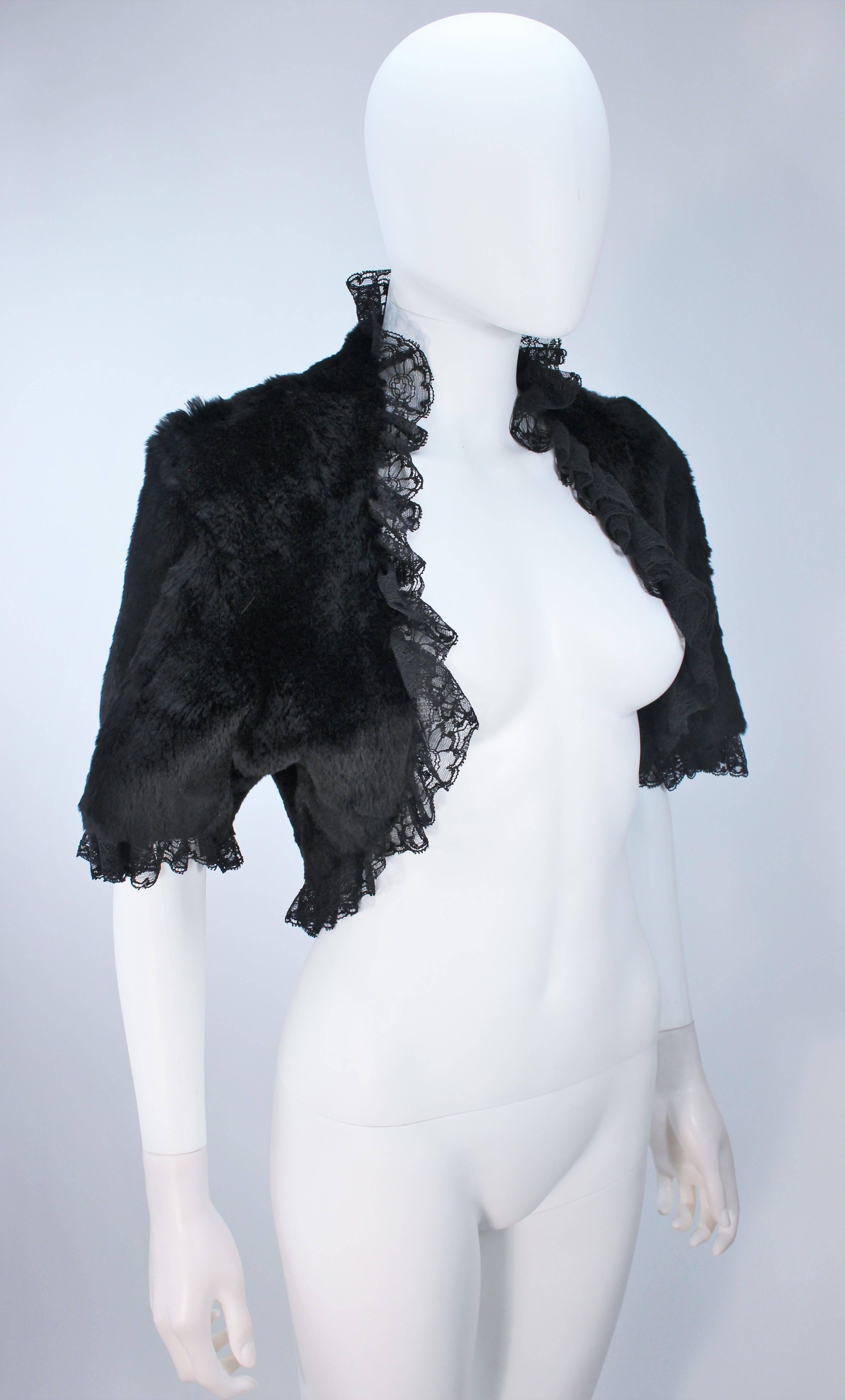 Women's ADRIENNE LANDAU Black Rabbit Fur Bolero with Lace Trim Size 4-6