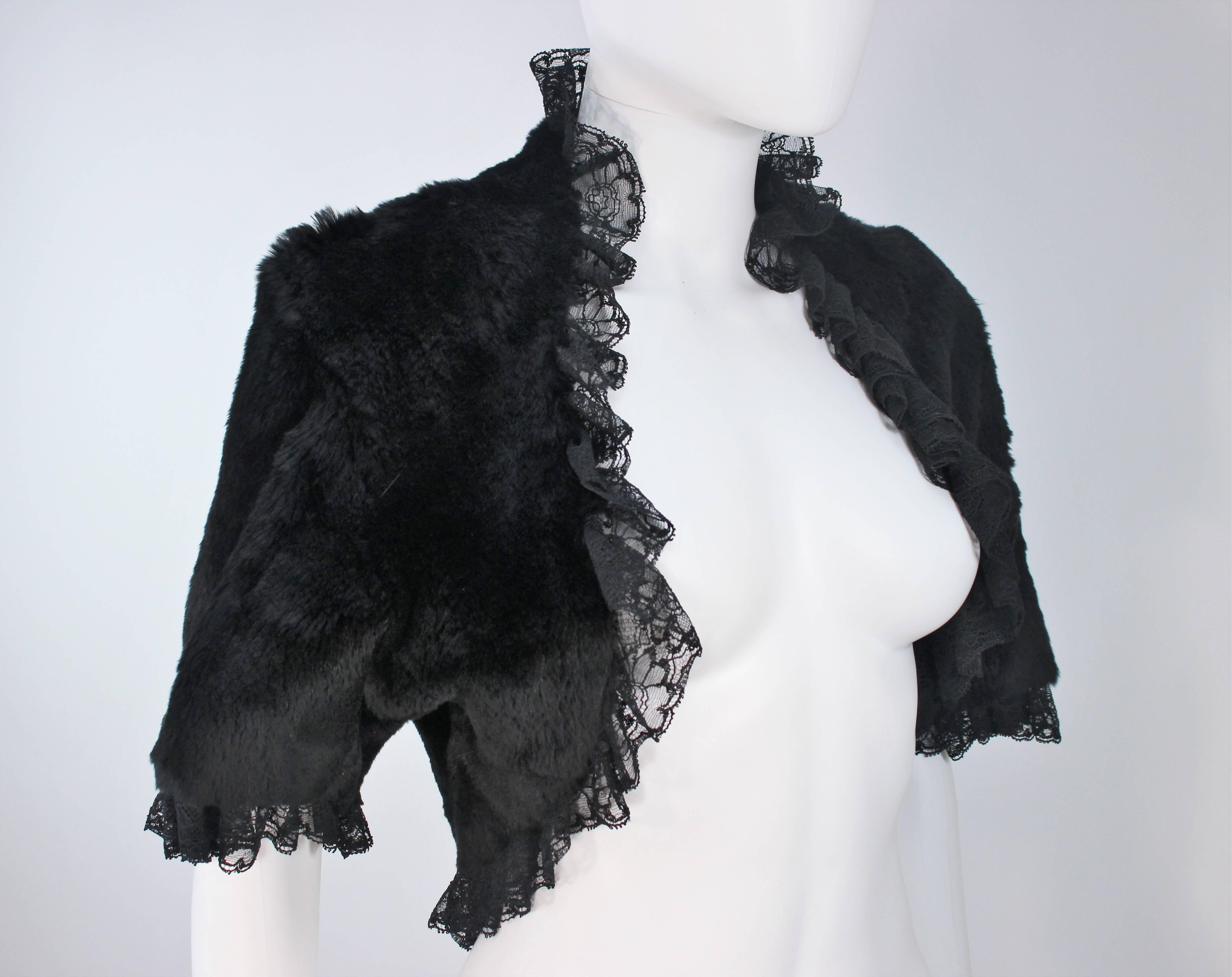 ADRIENNE LANDAU Black Rabbit Fur Bolero with Lace Trim Size 4-6 1