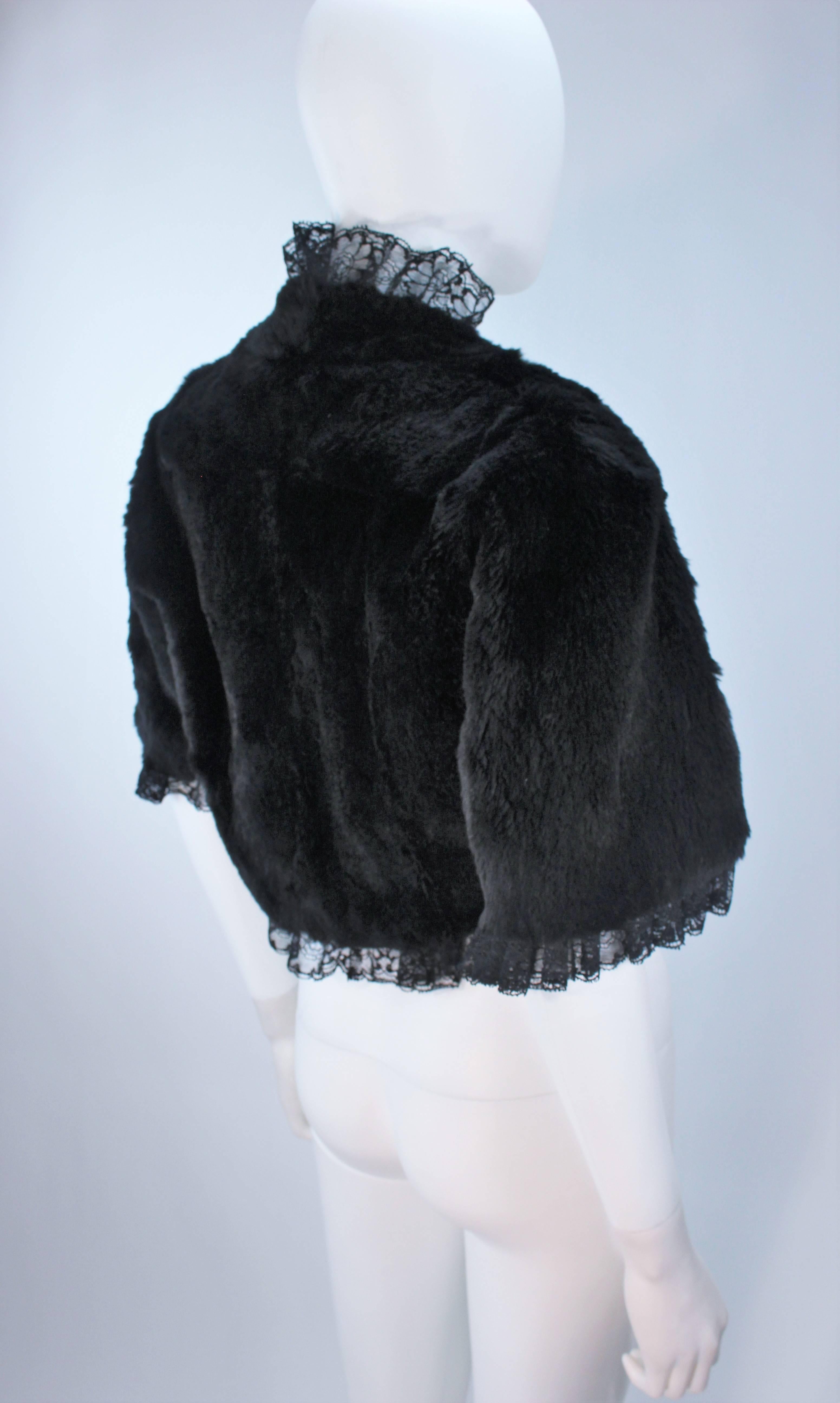 ADRIENNE LANDAU Black Rabbit Fur Bolero with Lace Trim Size 4-6 3