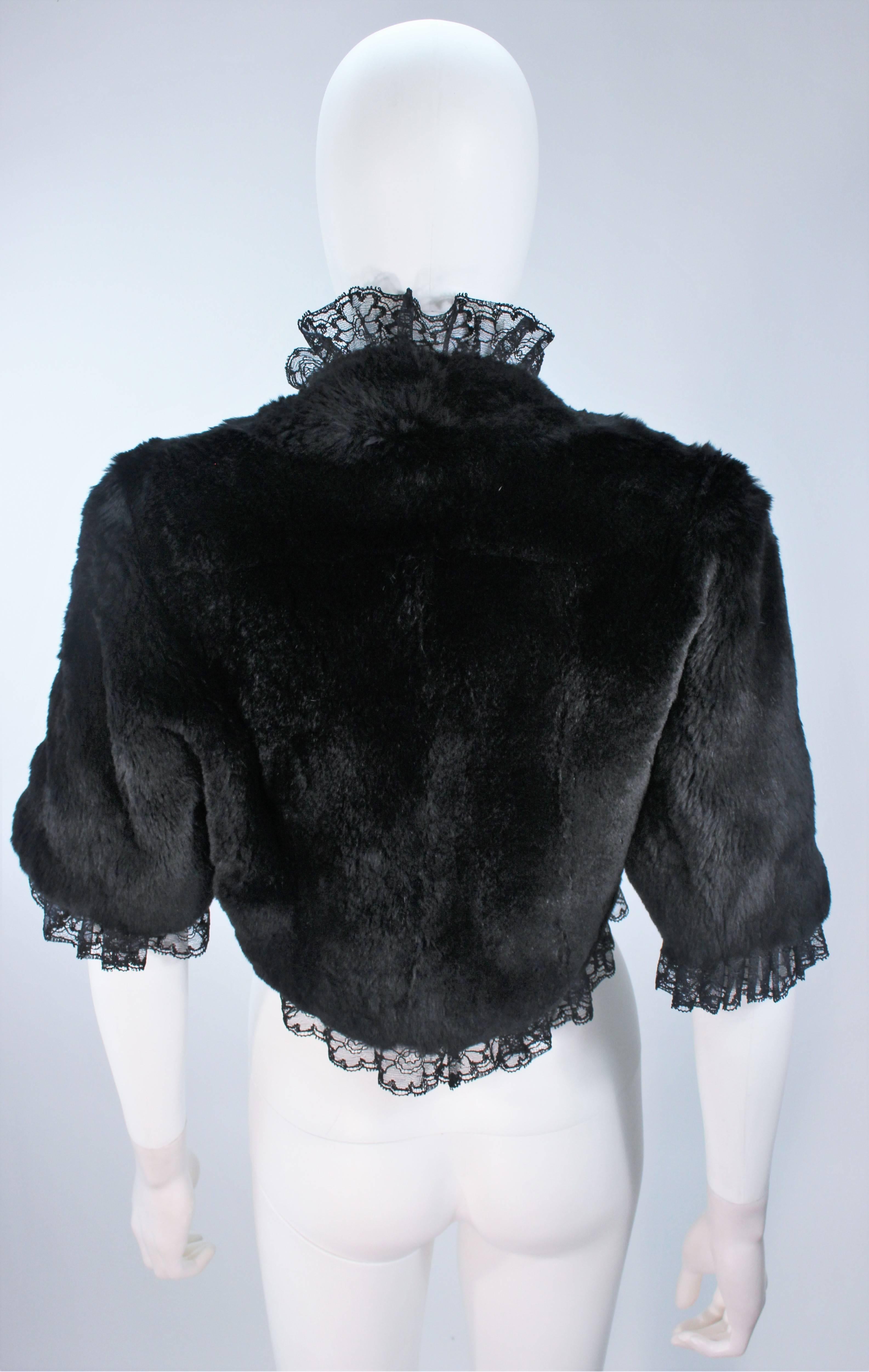 ADRIENNE LANDAU Black Rabbit Fur Bolero with Lace Trim Size 4-6 4