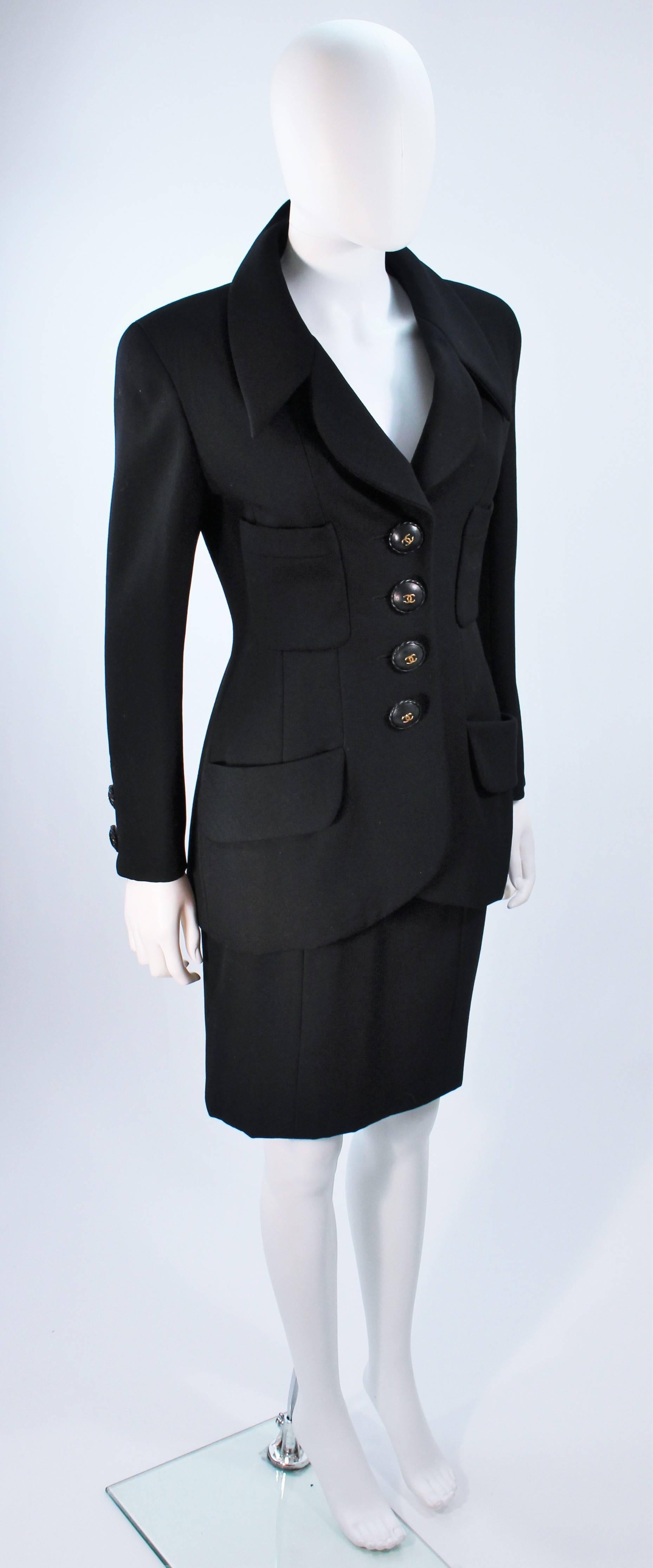 CHANEL BLACK WOOL BUTTON SKIRT SUIT With GOLD HARDWARE SIZE 38 In Excellent Condition In Los Angeles, CA