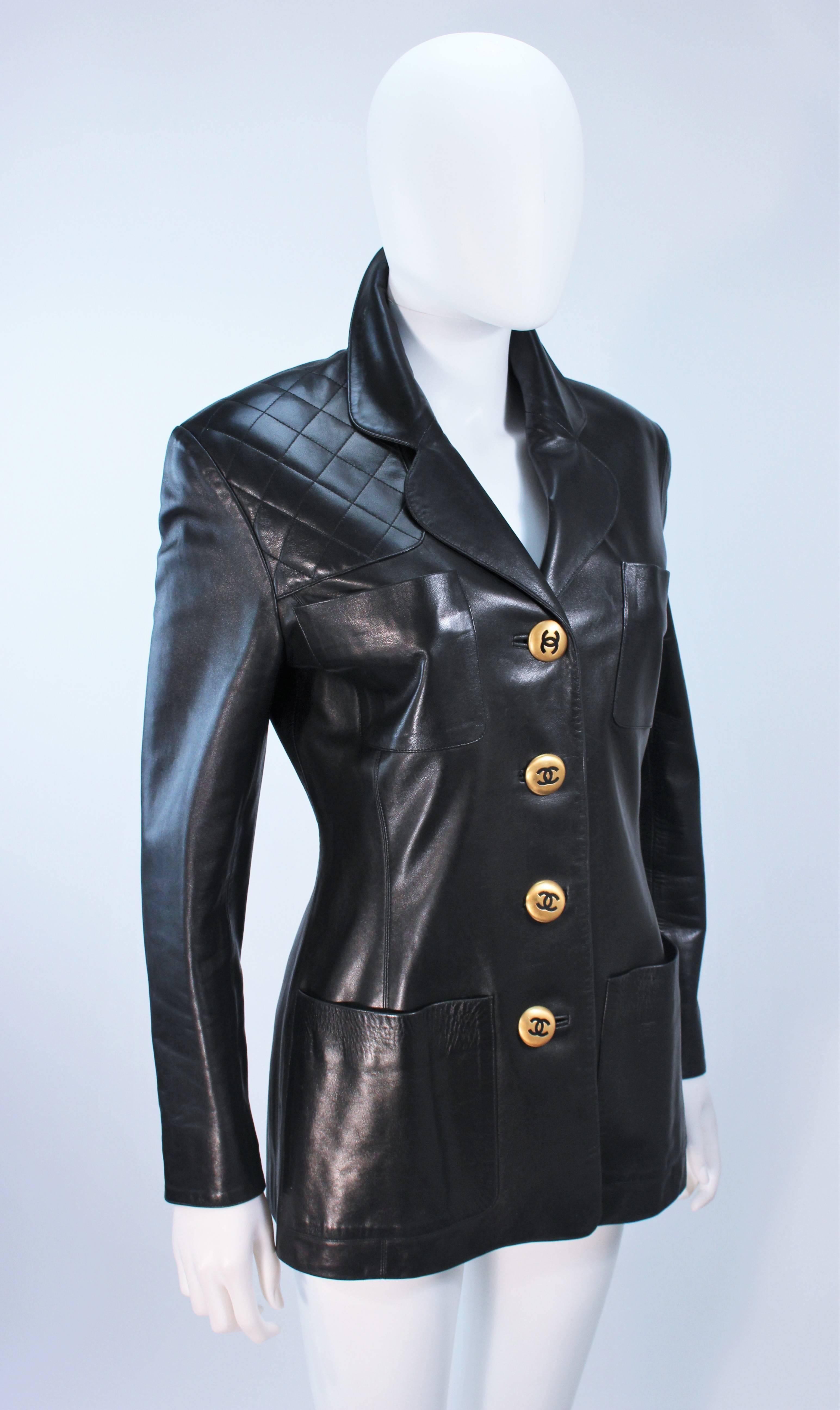 CHANEL Black Leather Jacket with Quilted Accent and Gold Buttons Size 8 ...