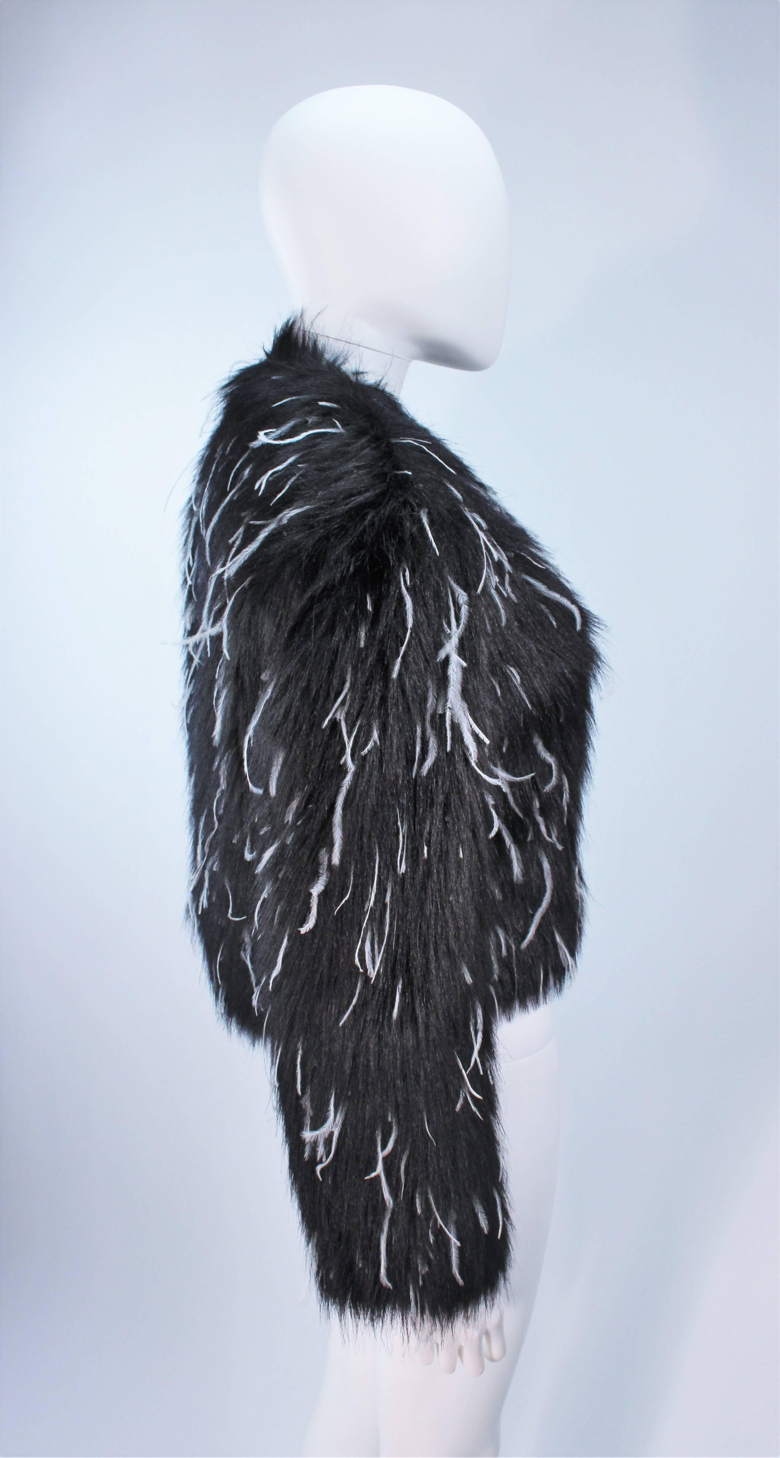 Women's KRIZIA Black Faux Fur Jacket with White Ostrich Feathers Size 42