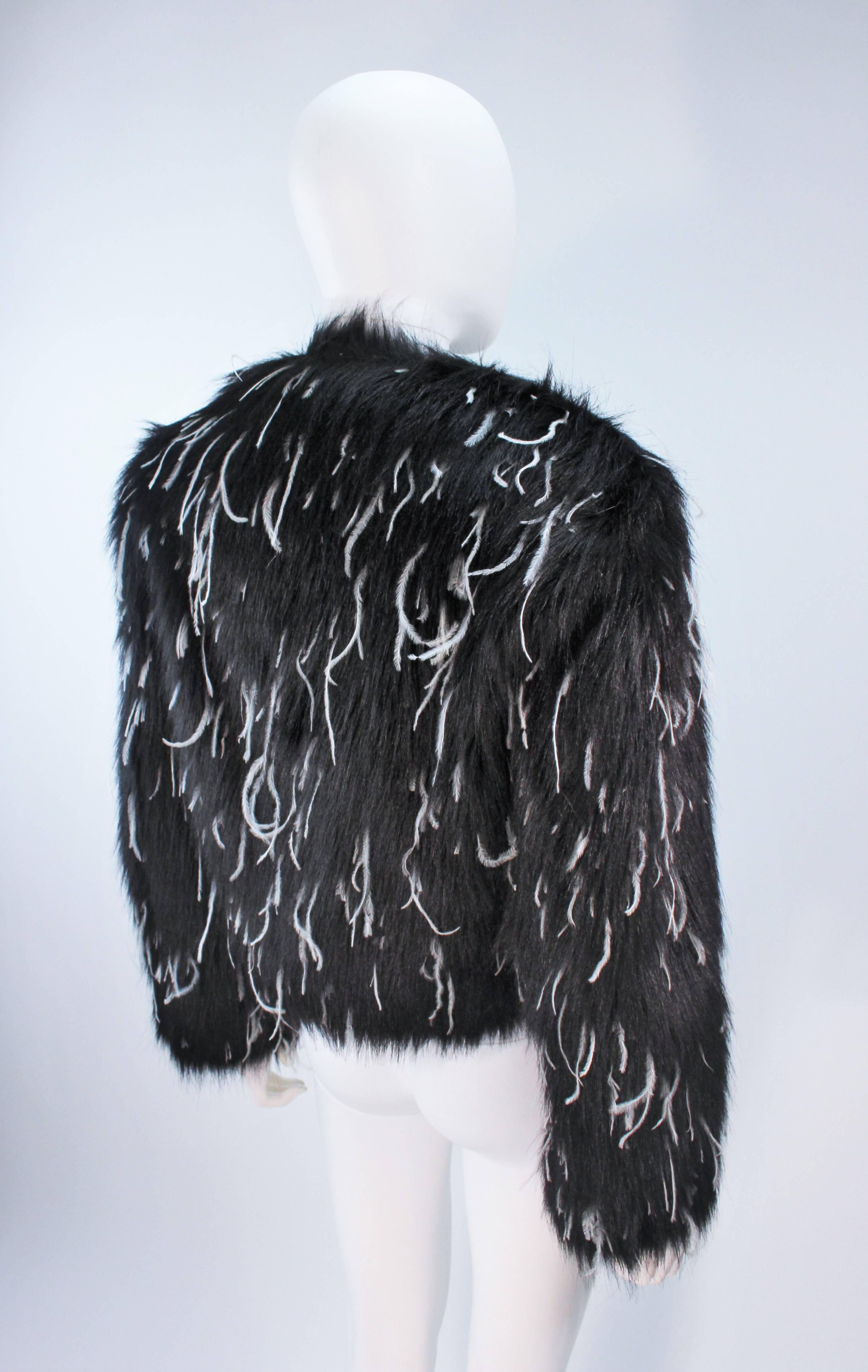 KRIZIA Black Faux Fur Jacket with White Ostrich Feathers Size 42 1