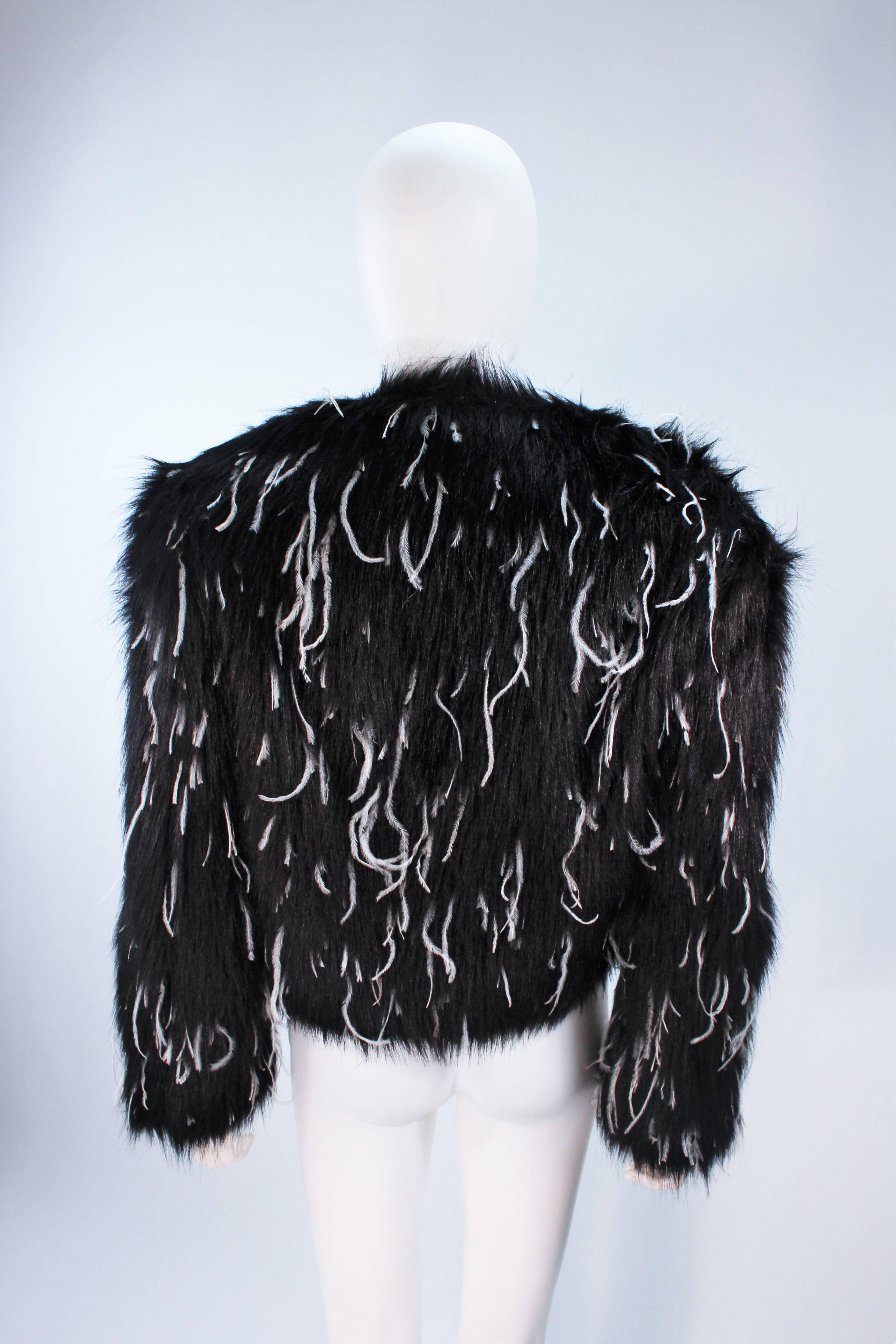 KRIZIA Black Faux Fur Jacket with White Ostrich Feathers Size 42 2