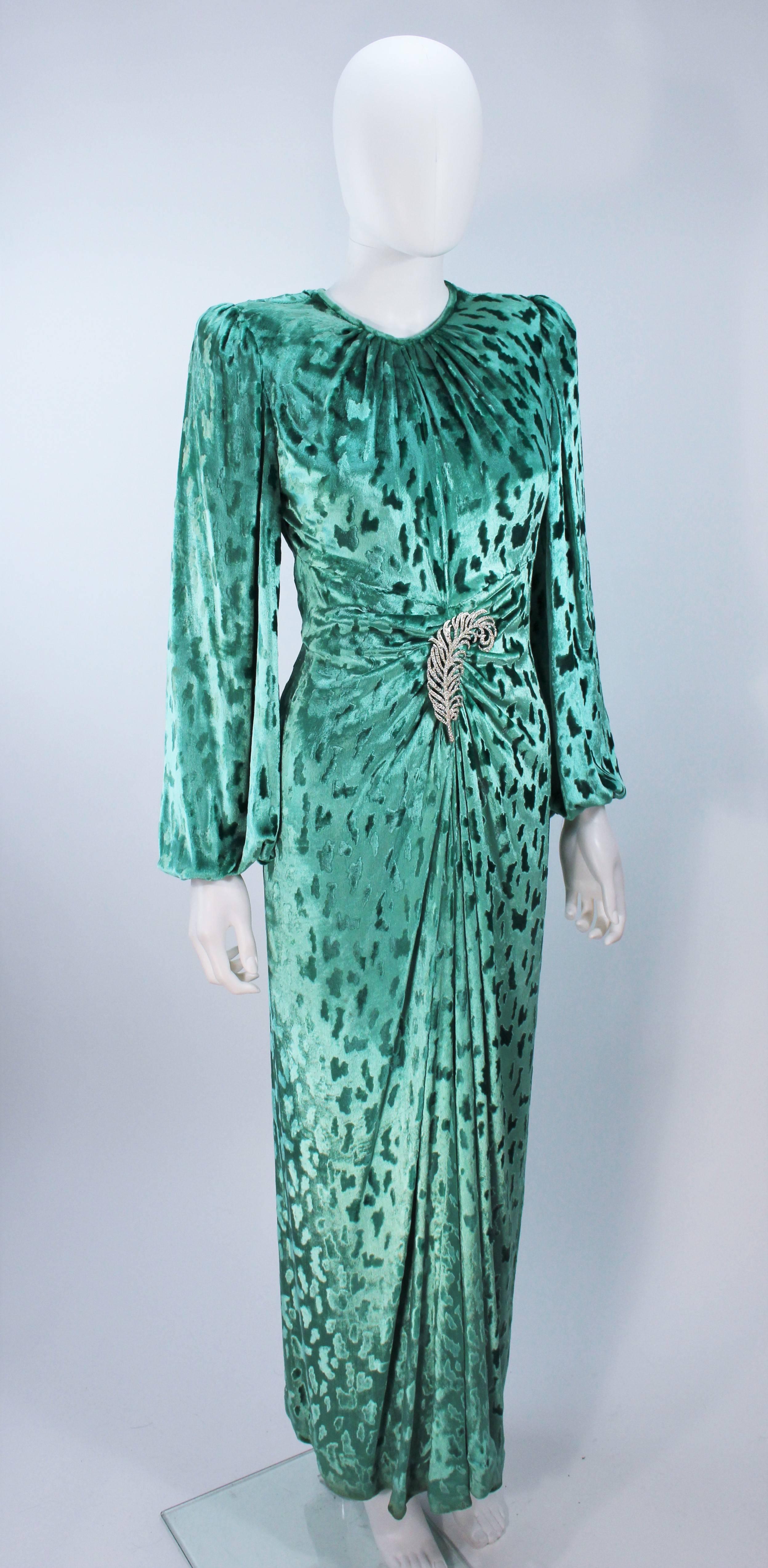 Blue OSCAR DE LA RENTA Draped Mint Velvet 'Nancy Reagan'  Gown with Brooch Size 4-6