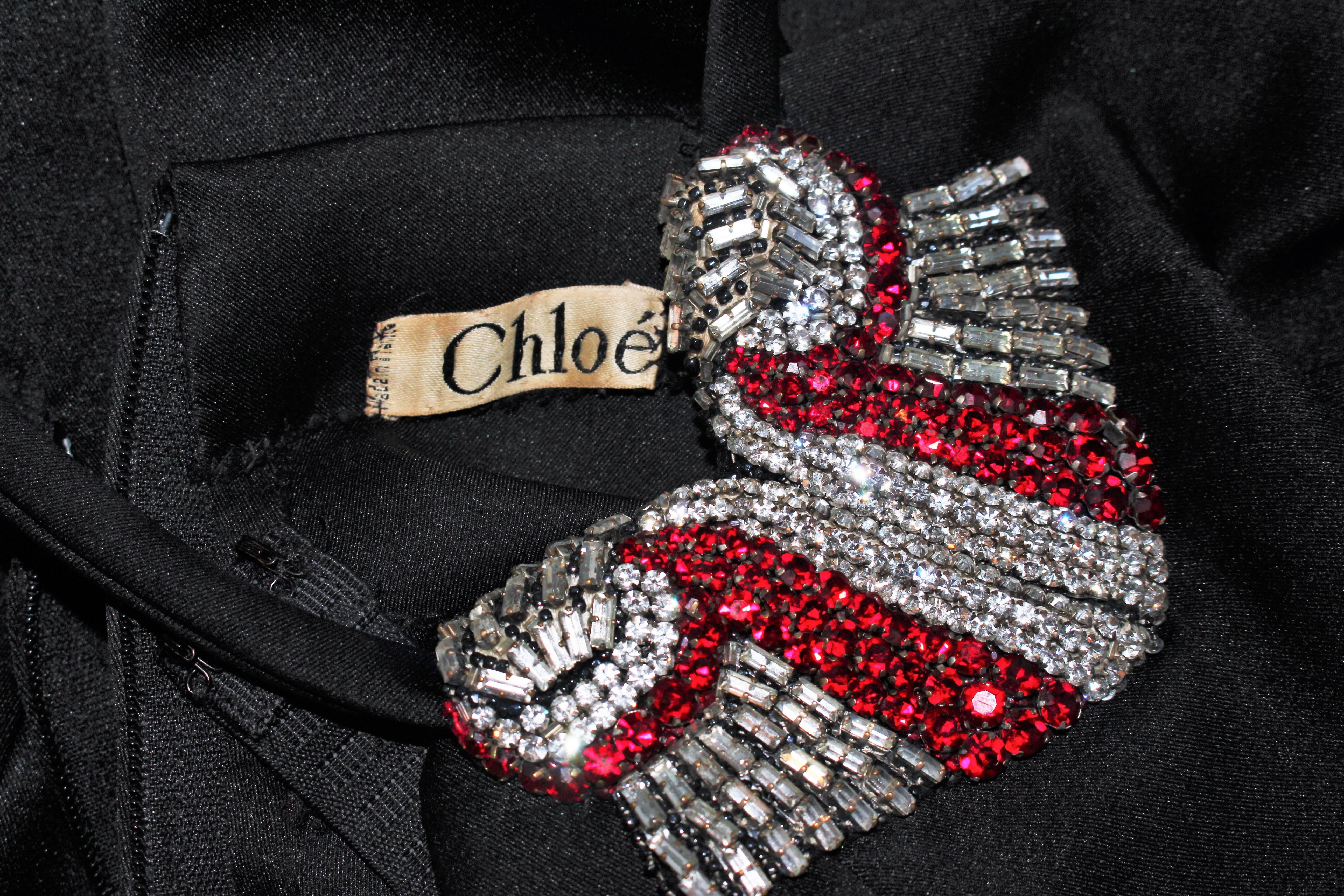 CHLOE Rare Black Satin Halter Gown with Jeweled Rhinestone Collar & Belt Size 8 4