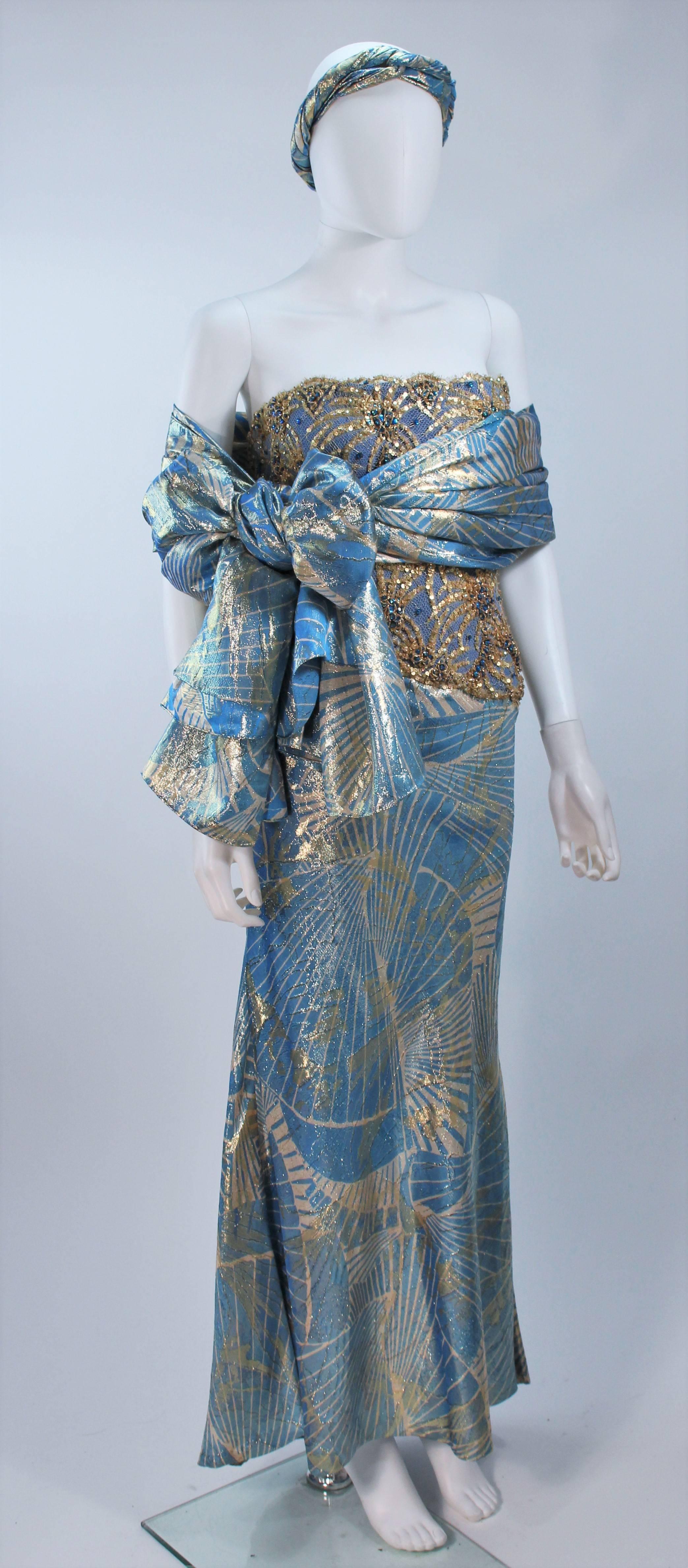 GALANOS Rare Baby Blue and Gold Silk Lame Gown with Wrap Size 6-8 1