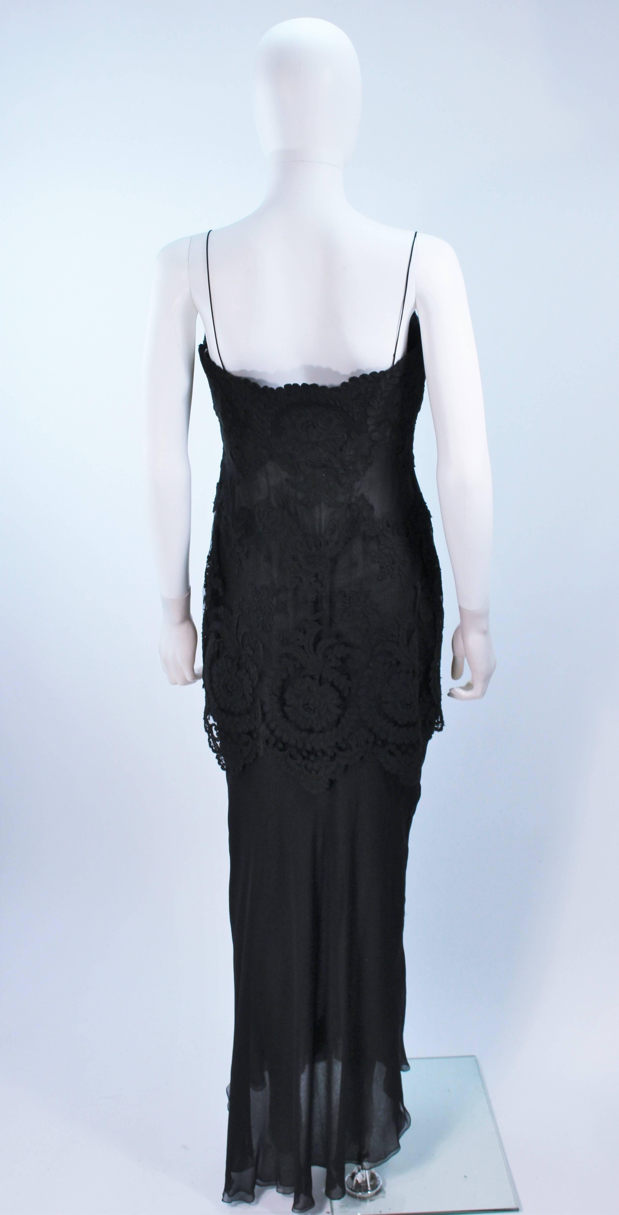 GALANOS Black Sheer Silk Chiffon Gown with Lace Applique & Wrap Size 8-10 3