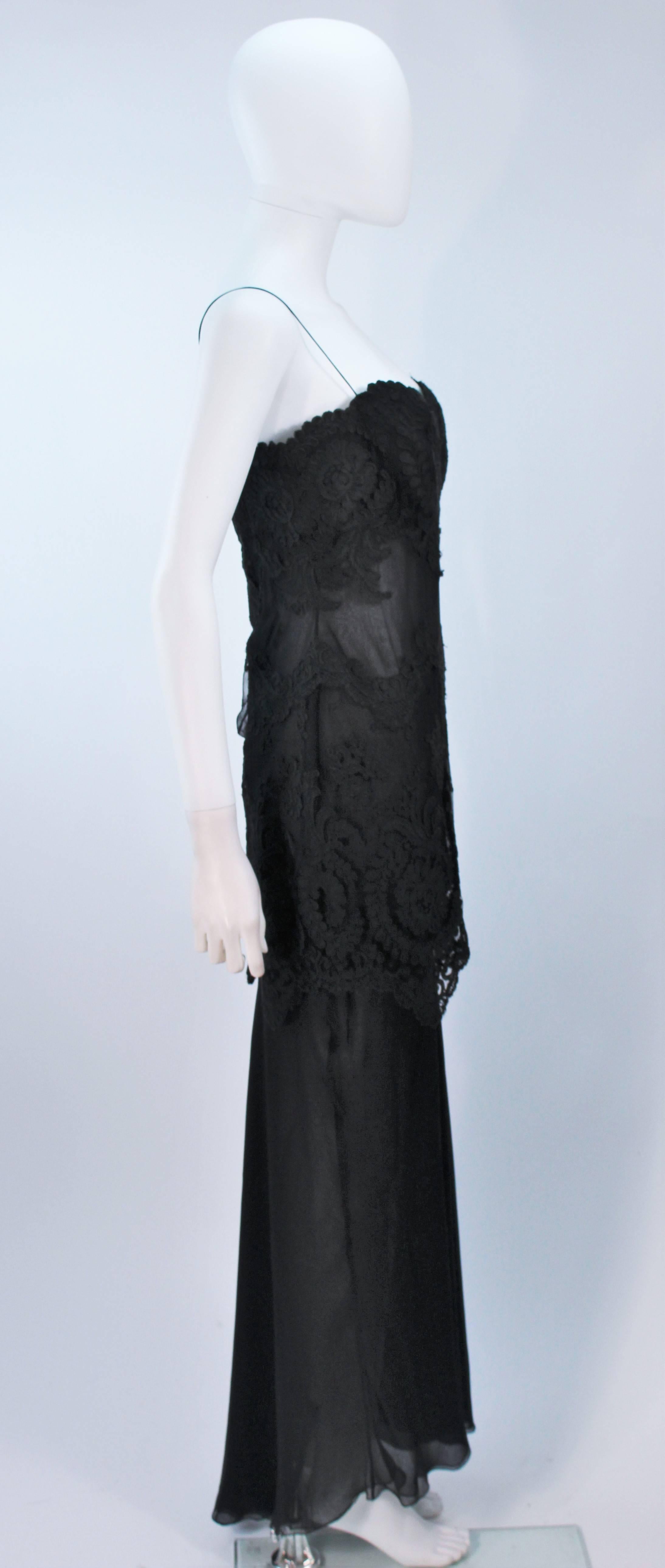 GALANOS Black Sheer Silk Chiffon Gown with Lace Applique & Wrap Size 8-10 2