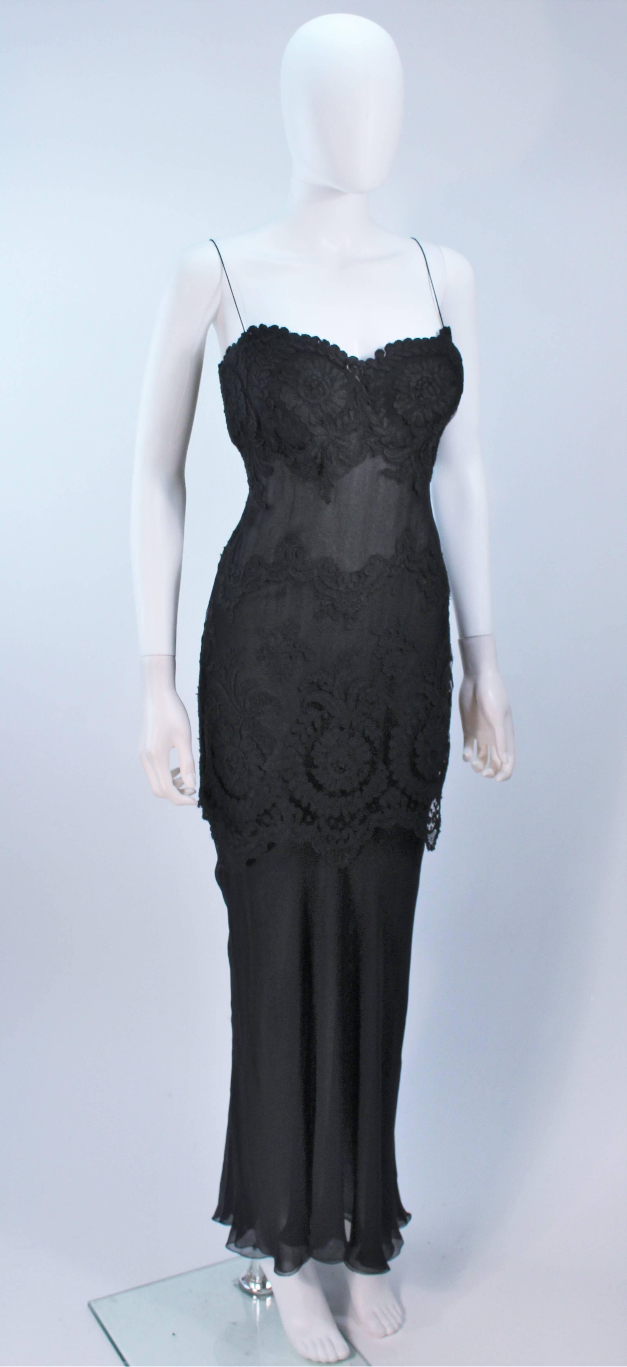 GALANOS Black Sheer Silk Chiffon Gown with Lace Applique & Wrap Size 8-10 In Excellent Condition In Los Angeles, CA