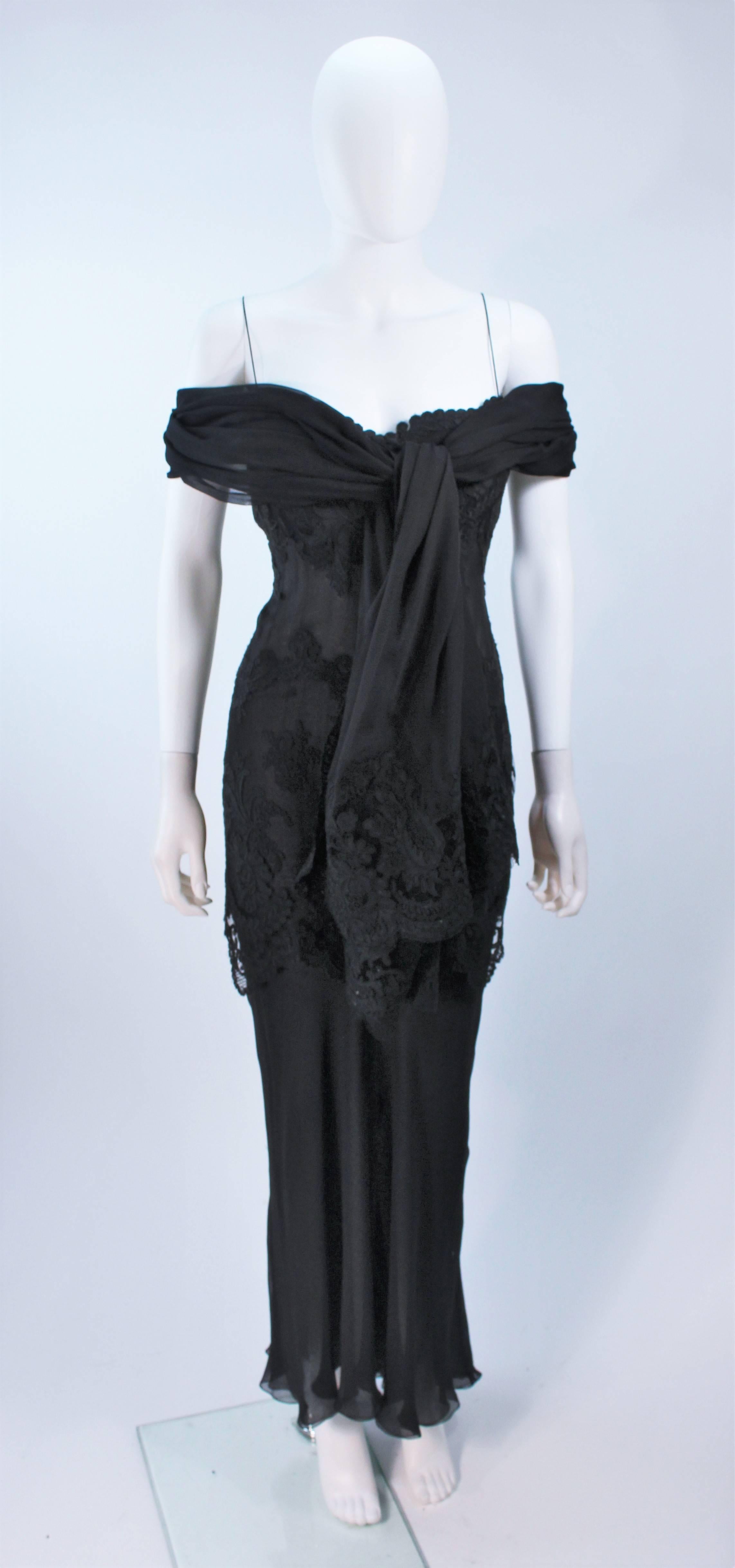 GALANOS Black Sheer Silk Chiffon Gown with Lace Applique & Wrap Size 8-10 1