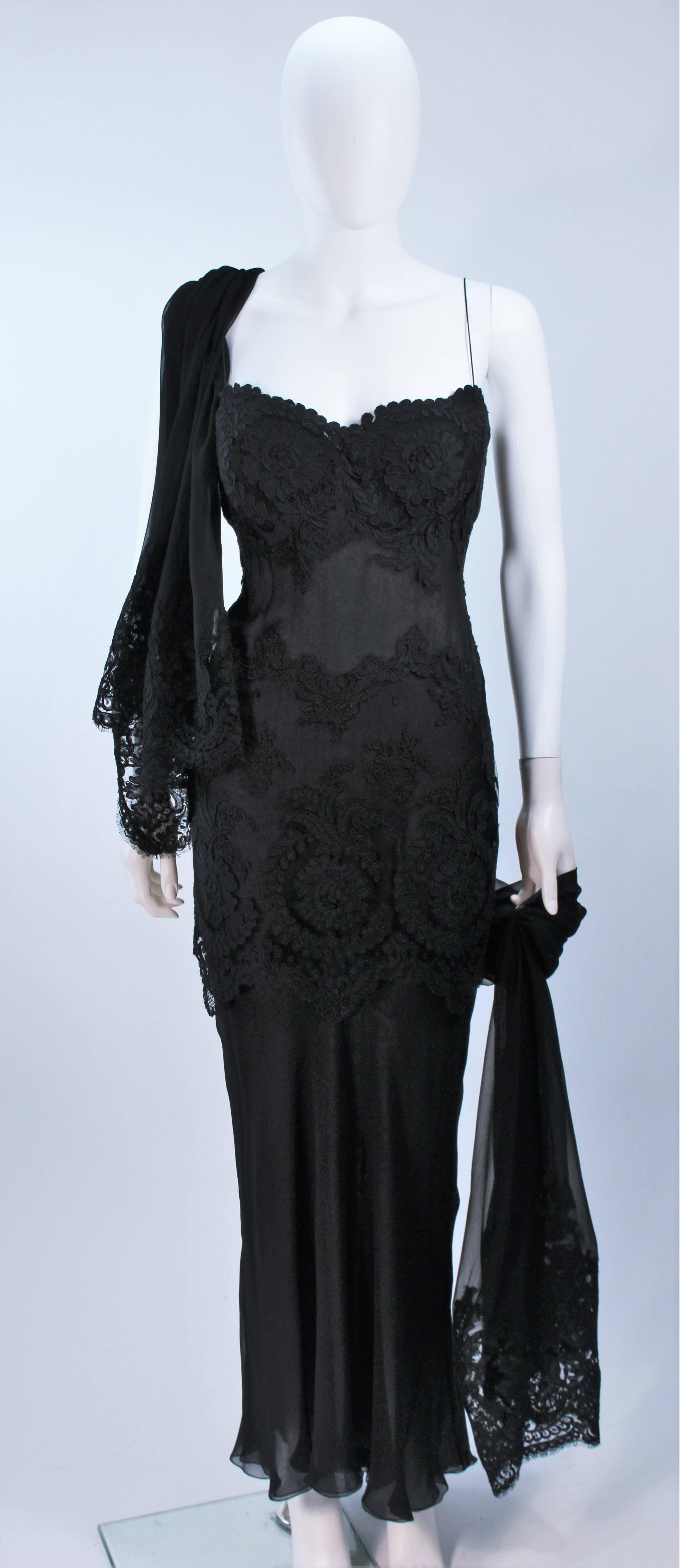 Women's GALANOS Black Sheer Silk Chiffon Gown with Lace Applique & Wrap Size 8-10