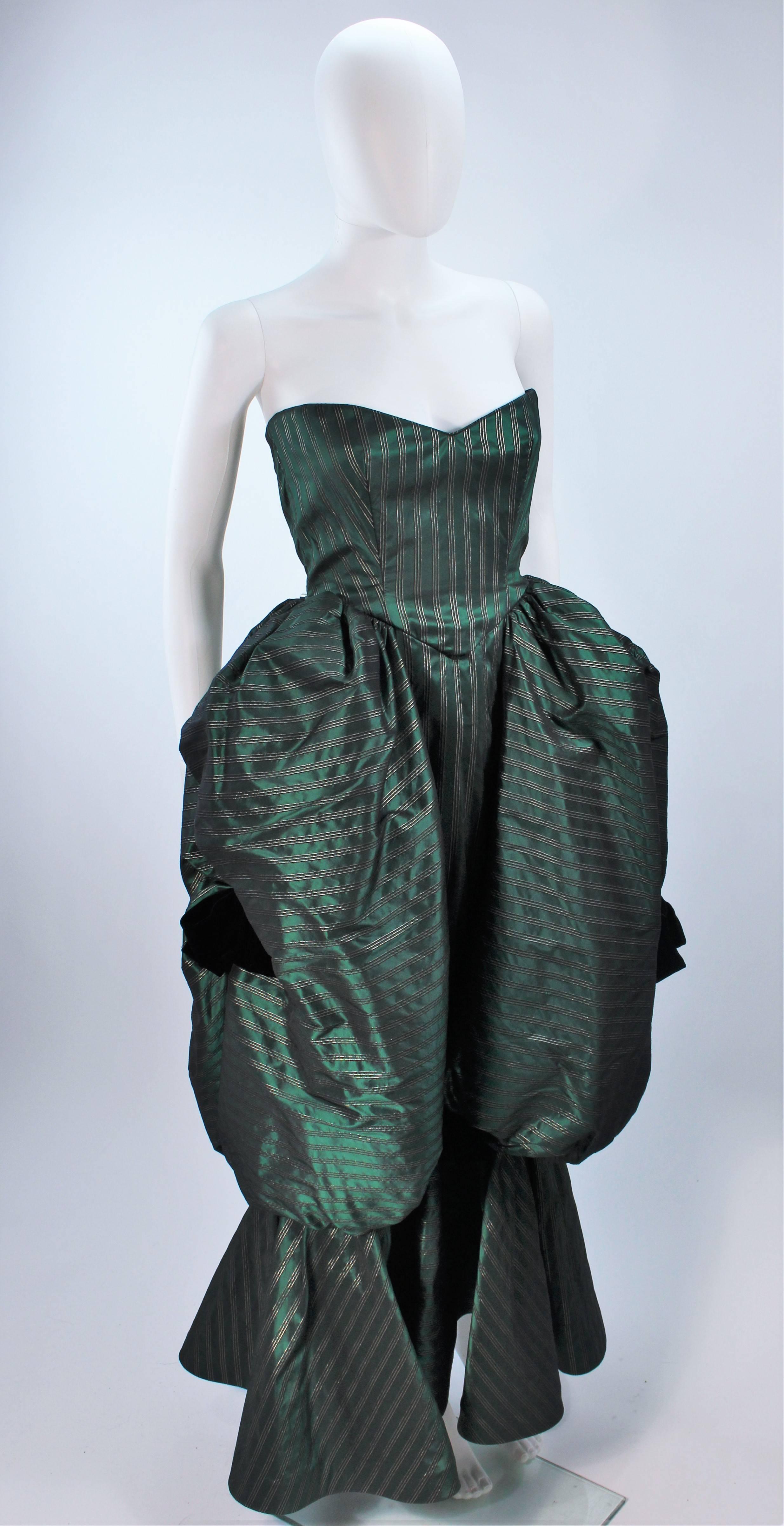 Women's MICHAEL NOVARESE Green Striped Pouf Gown with Velvet Bows Size 2-4