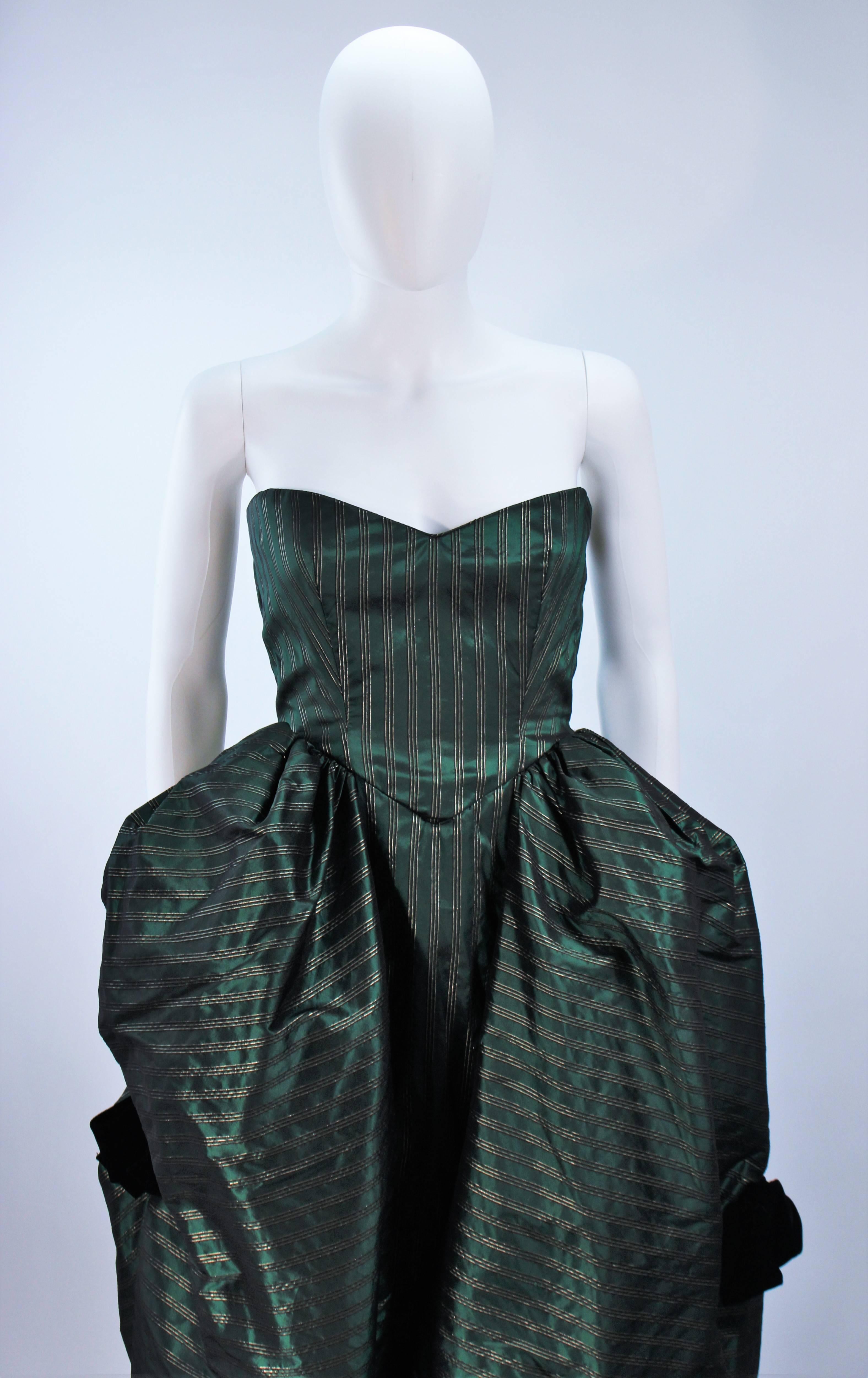 Black MICHAEL NOVARESE Green Striped Pouf Gown with Velvet Bows Size 2-4