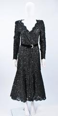 OSCAR DE LA RENTA Black Lace Sequin Gown with Rhinestone Belt Size 6-8