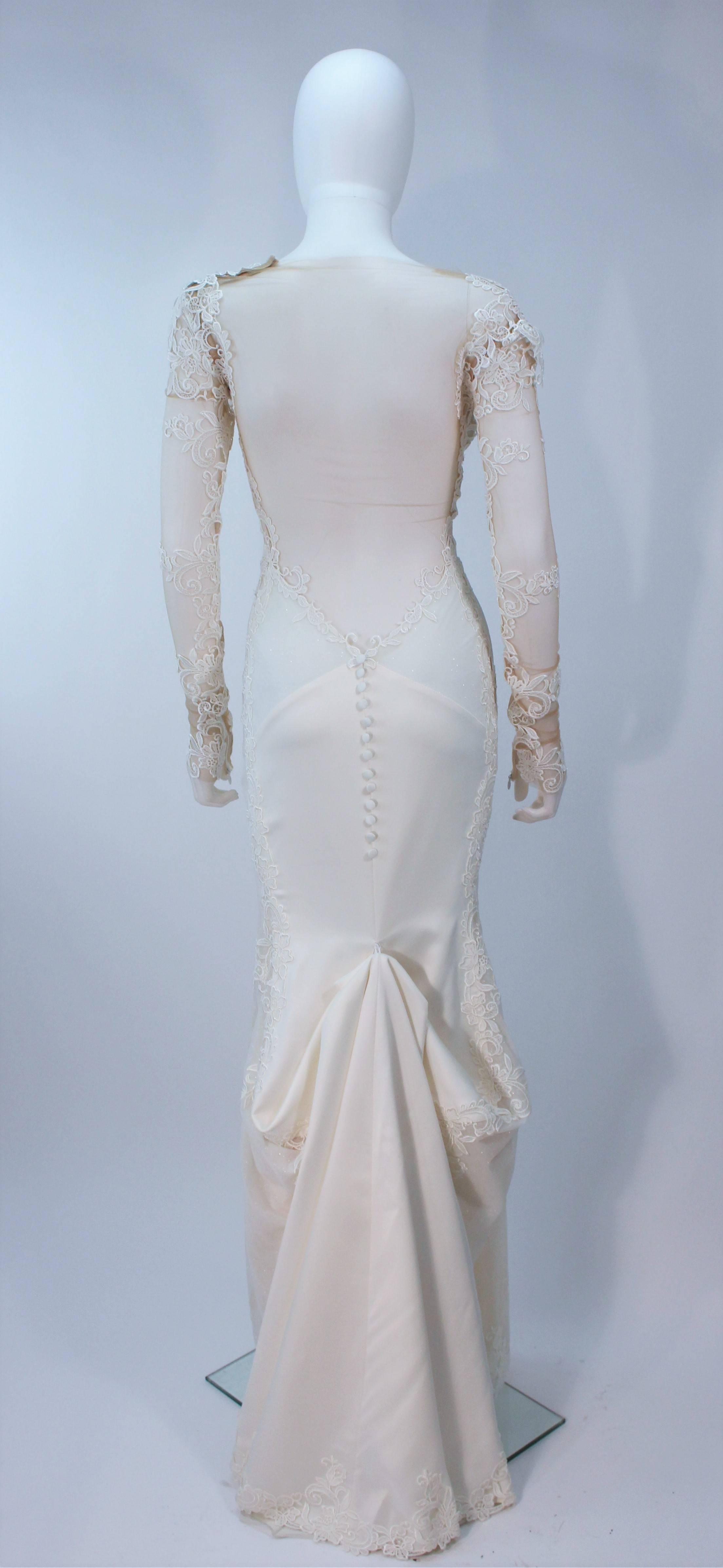 GALIA LAHAV Couture White Floral Lace Gown with Train and Sheer Details Size 2 4