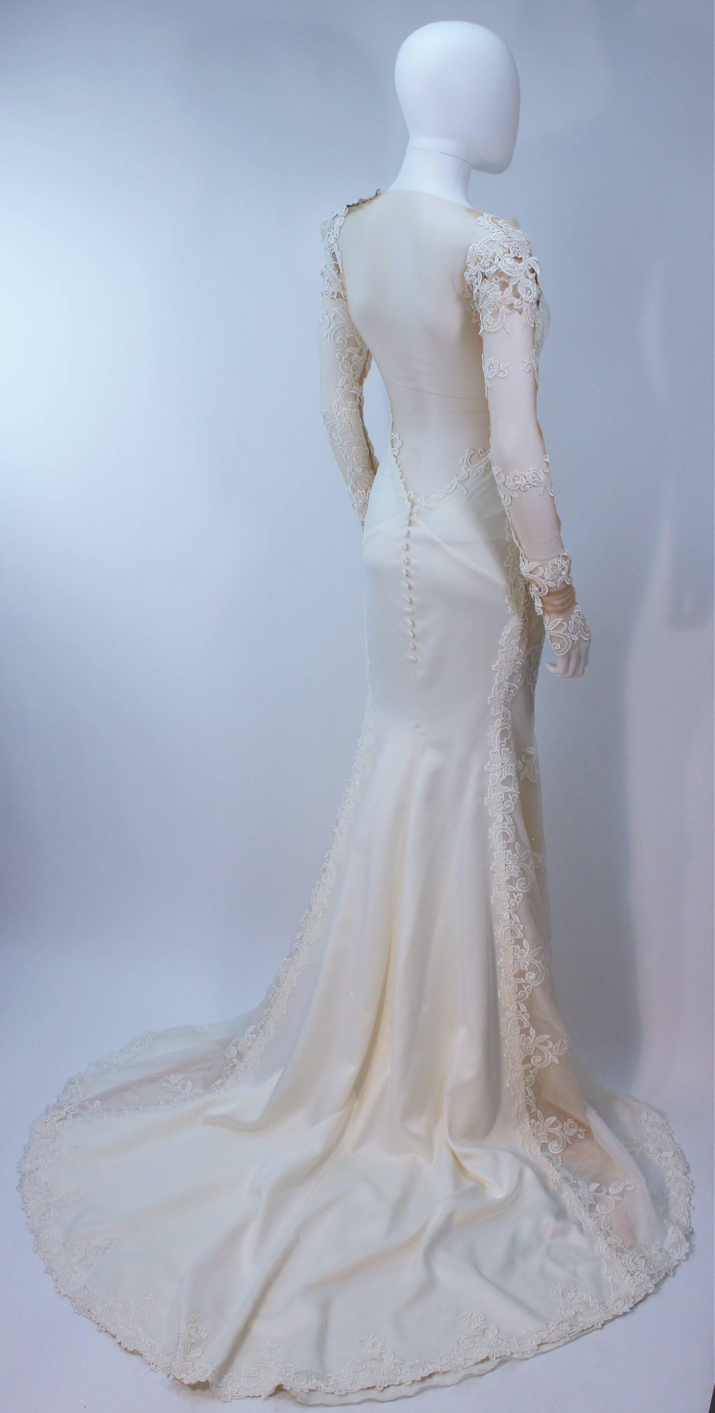 GALIA LAHAV Couture White Floral Lace Gown with Train and Sheer Details Size 2 3