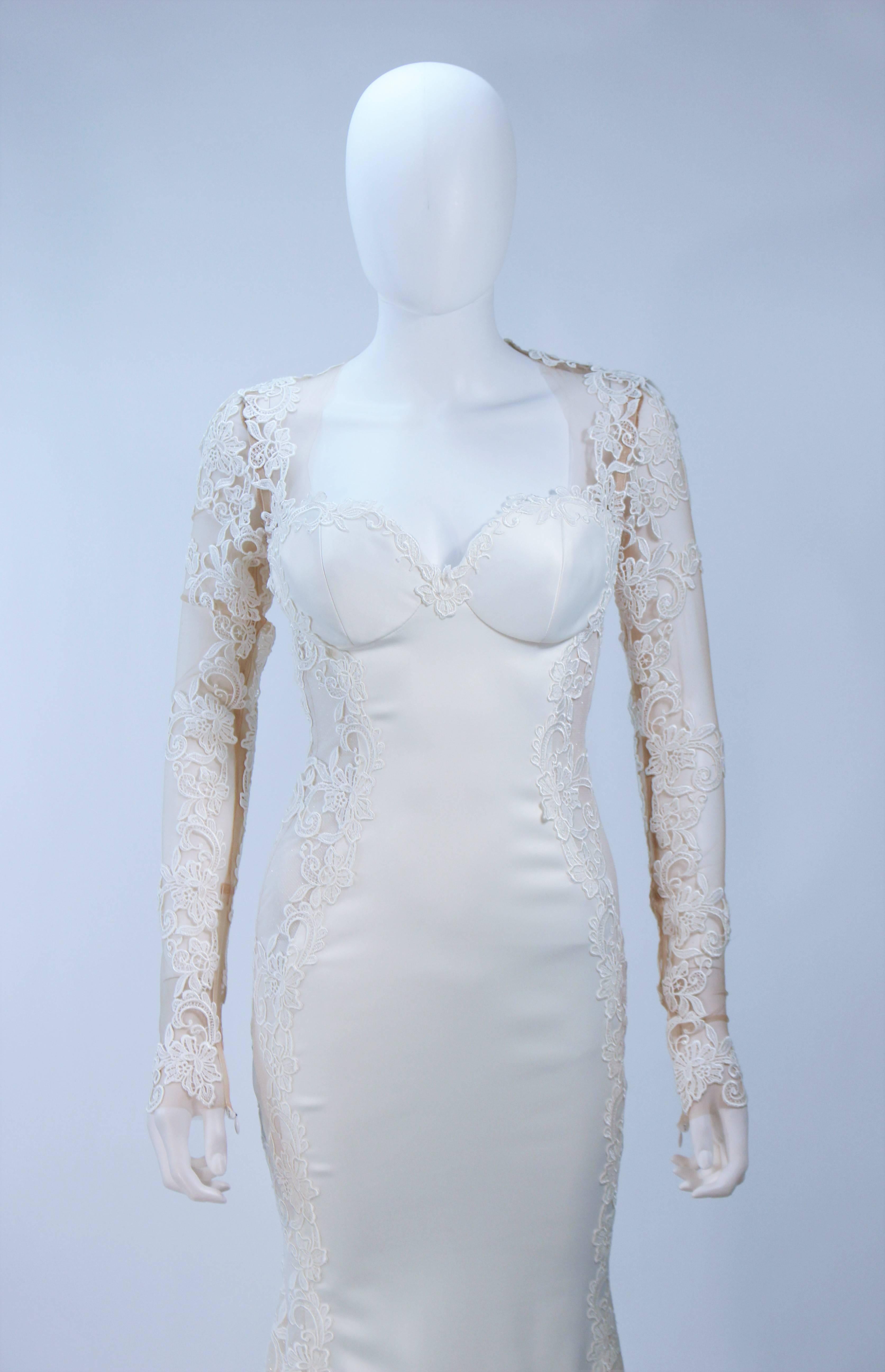 GALIA LAHAV Couture White Floral Lace Gown with Train and Sheer Details Size 2 1