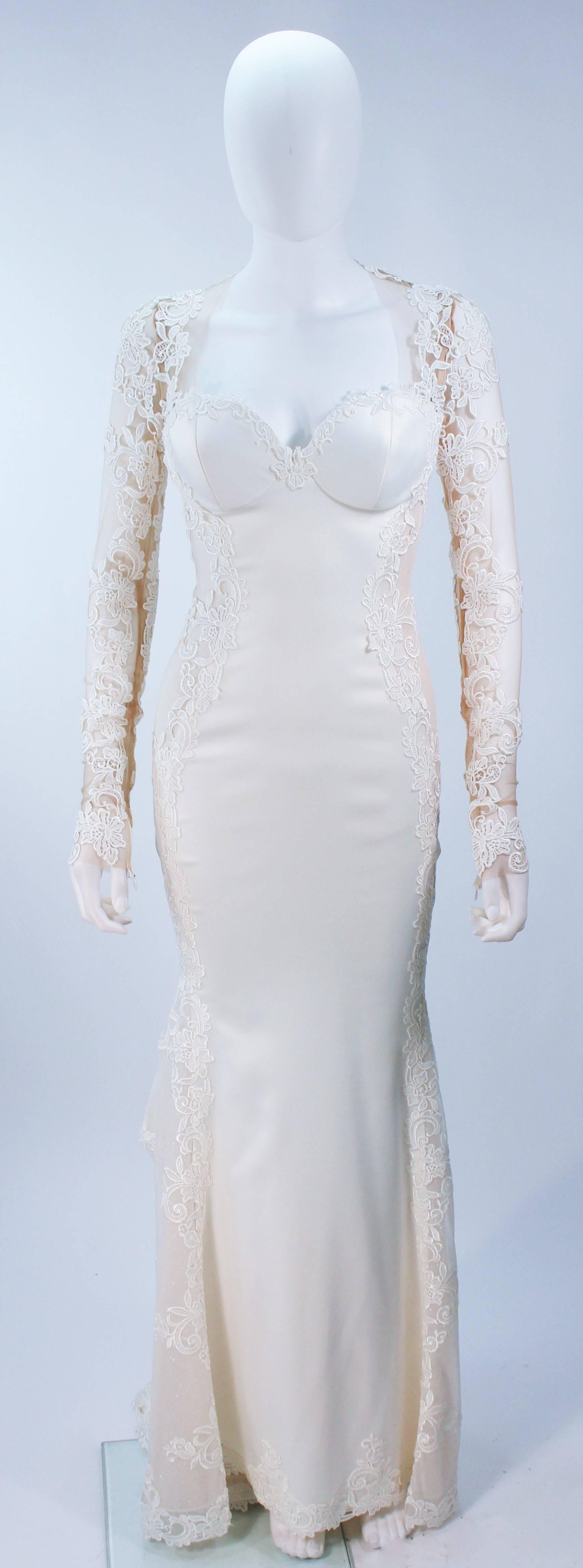 Purple GALIA LAHAV Couture White Floral Lace Gown with Train and Sheer Details Size 2