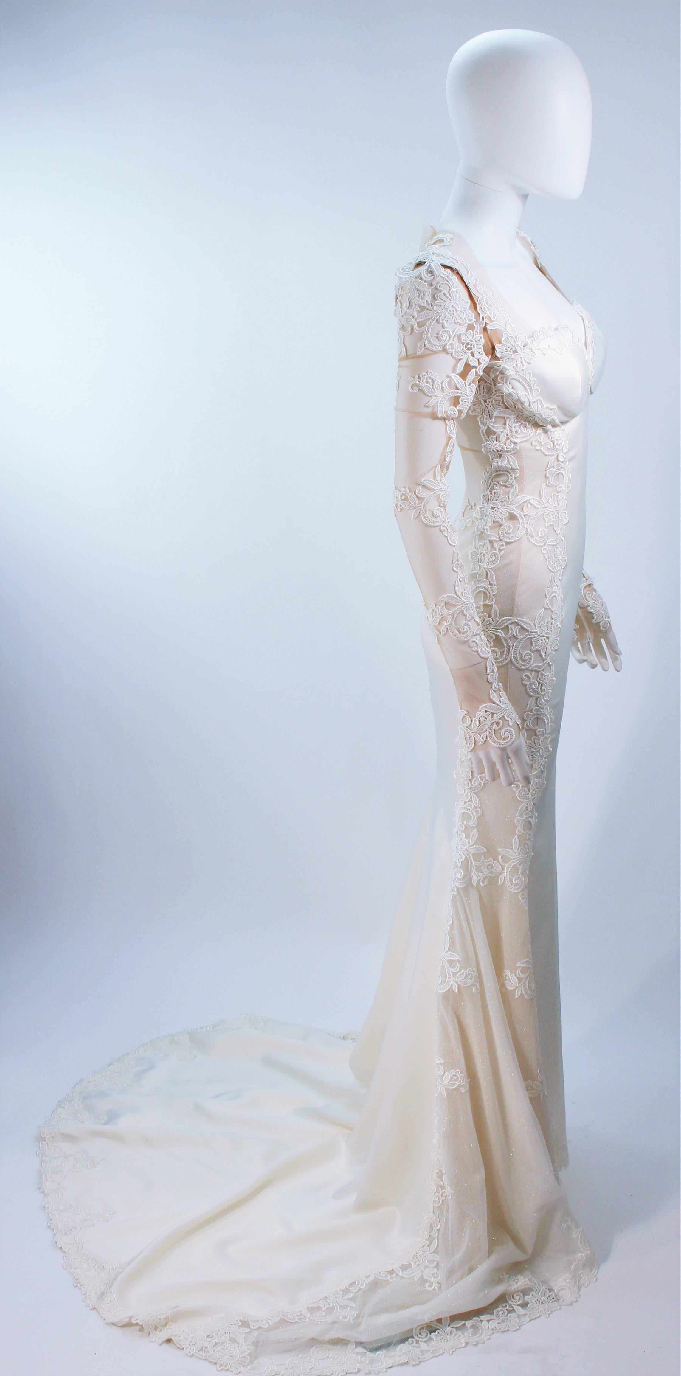 GALIA LAHAV Couture White Floral Lace Gown with Train and Sheer Details Size 2 2