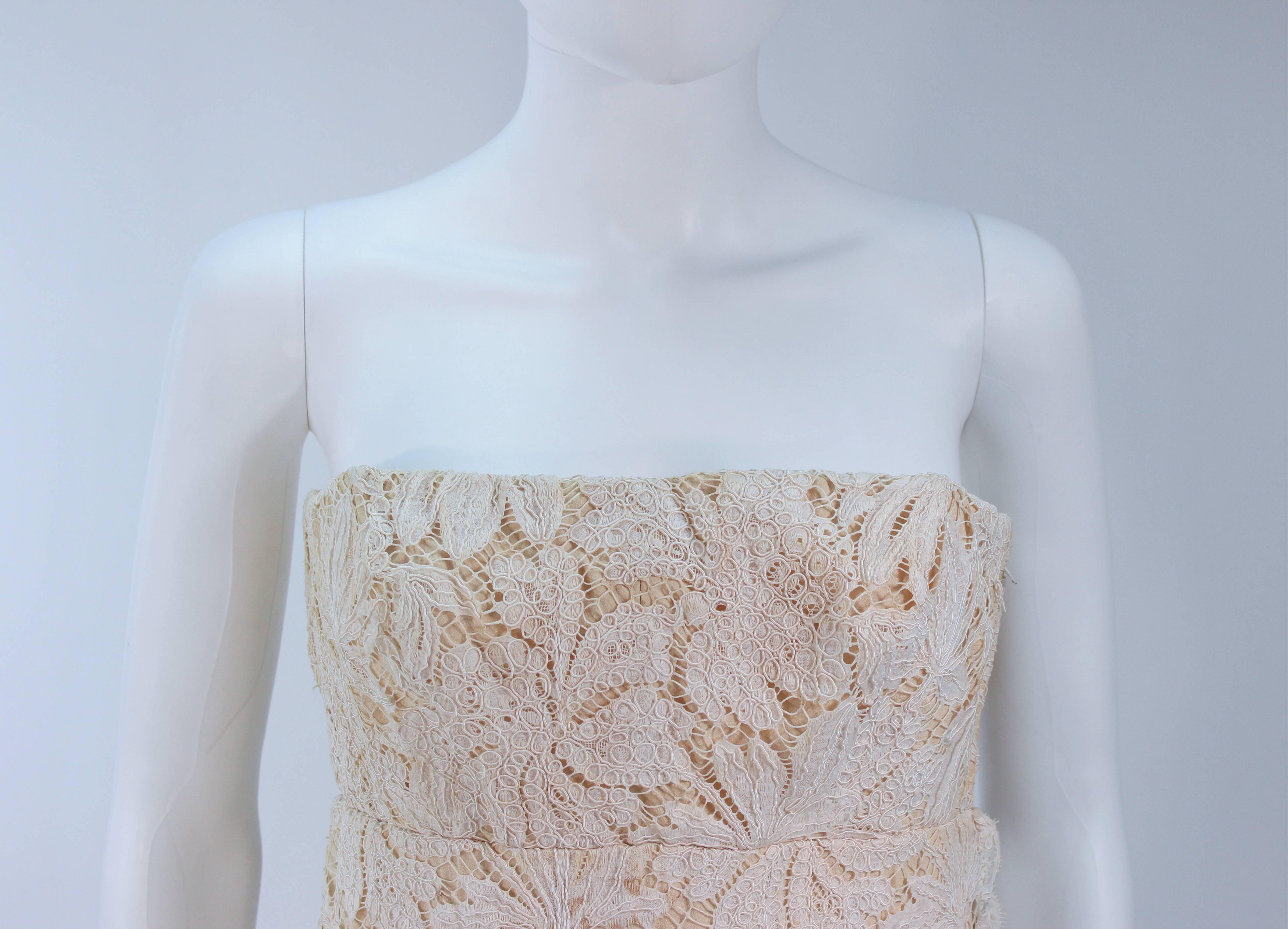 Gray GALANOS Antique Cream Floral Strapless Lace Cocktail Dress Size 2-4 For Sale